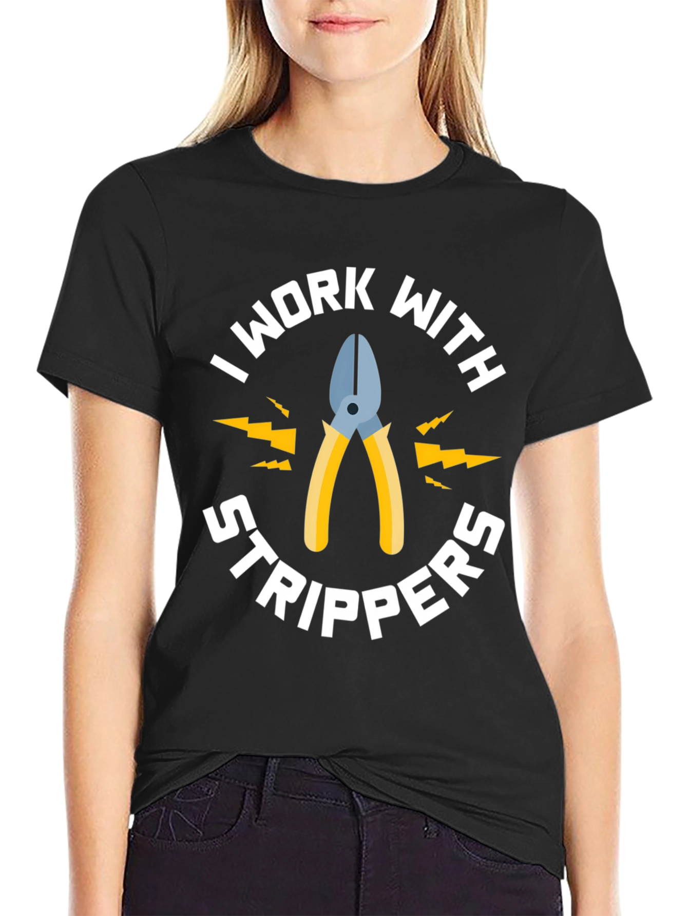 Black I Work With Strippers Funny Electrician T-Shirt view 2