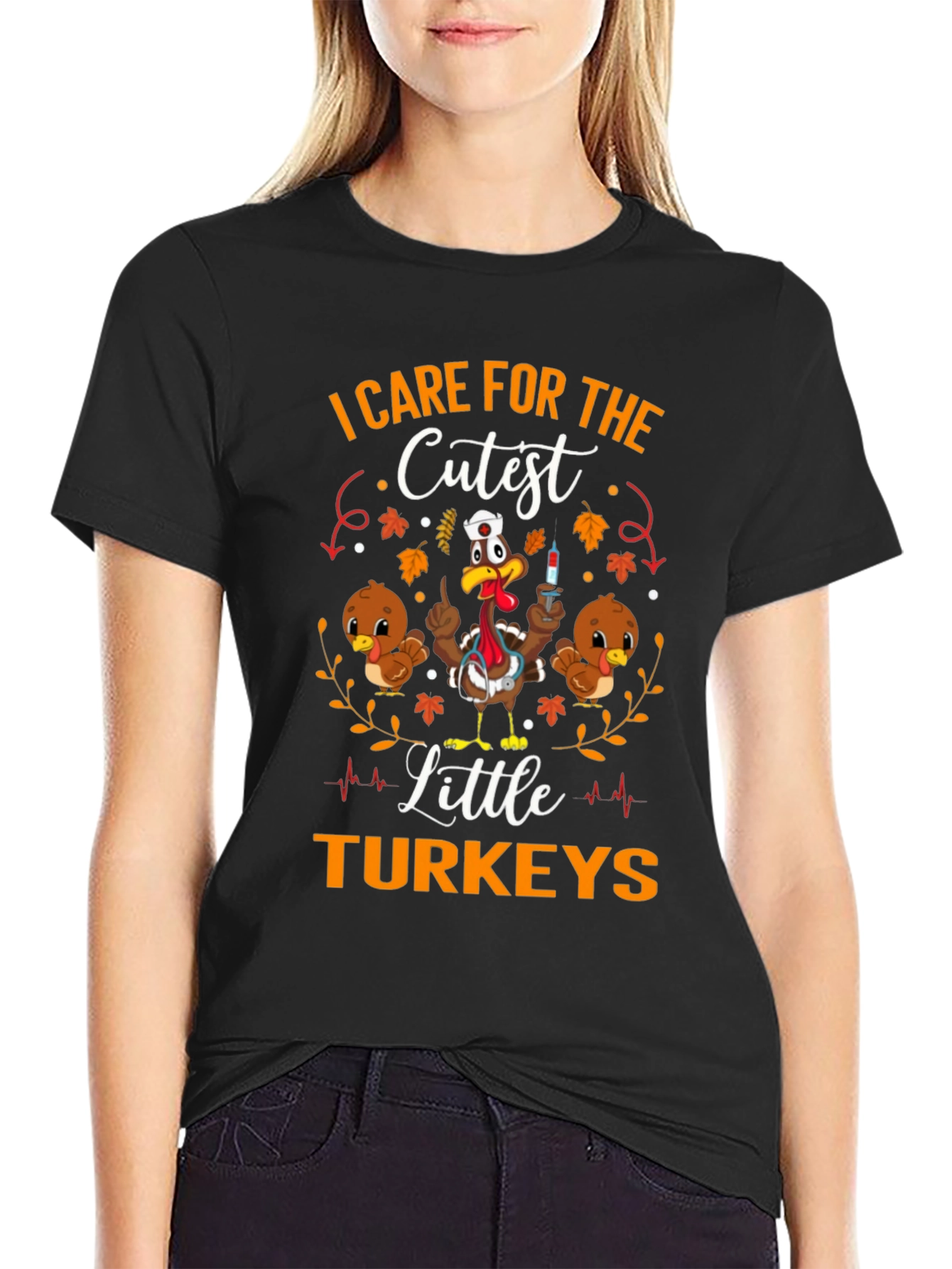 Black I Care For The Cutest Little Turkeys Graphic T-Shirt view 2