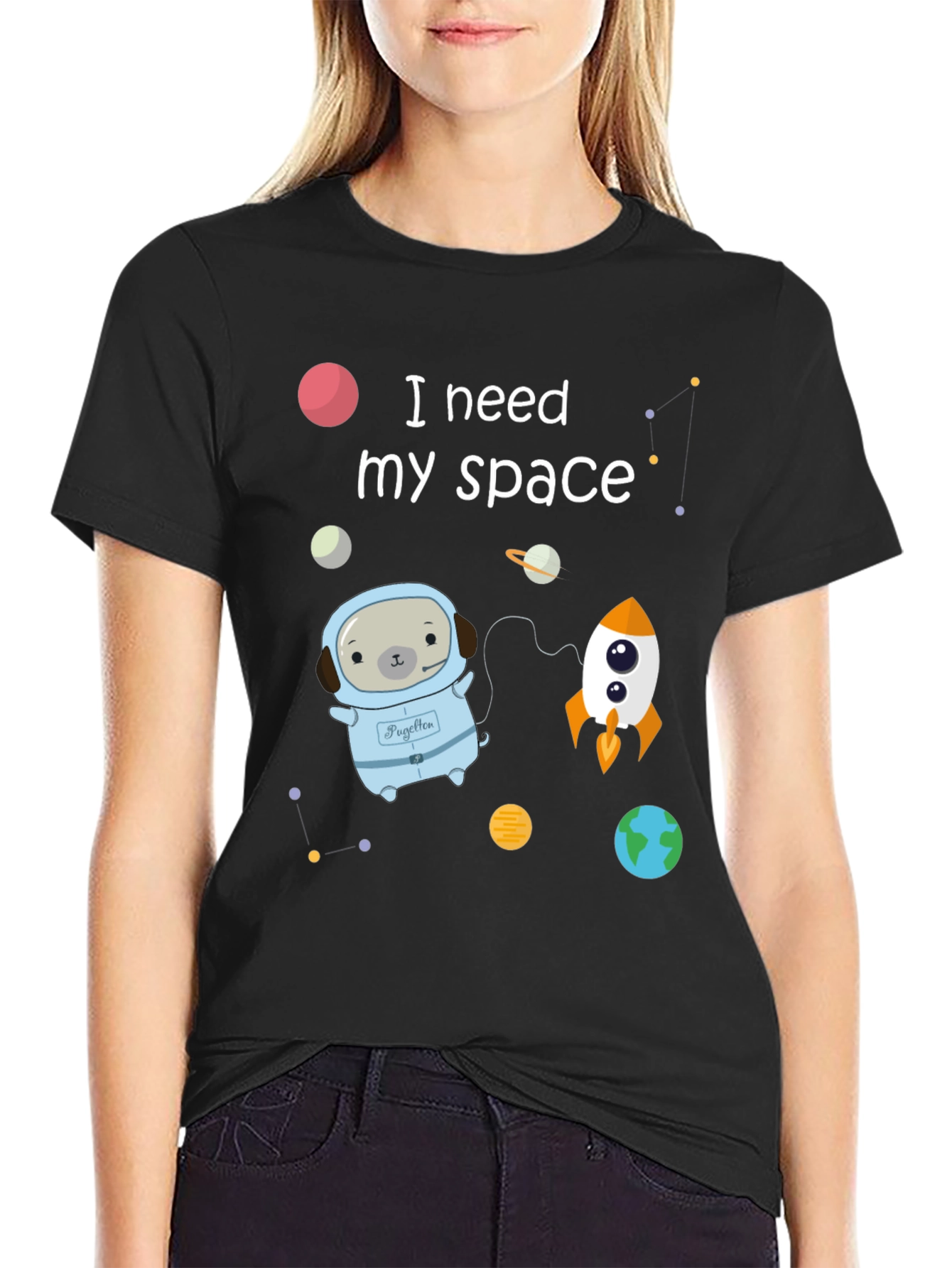 Black Space Pug T-Shirt view 2