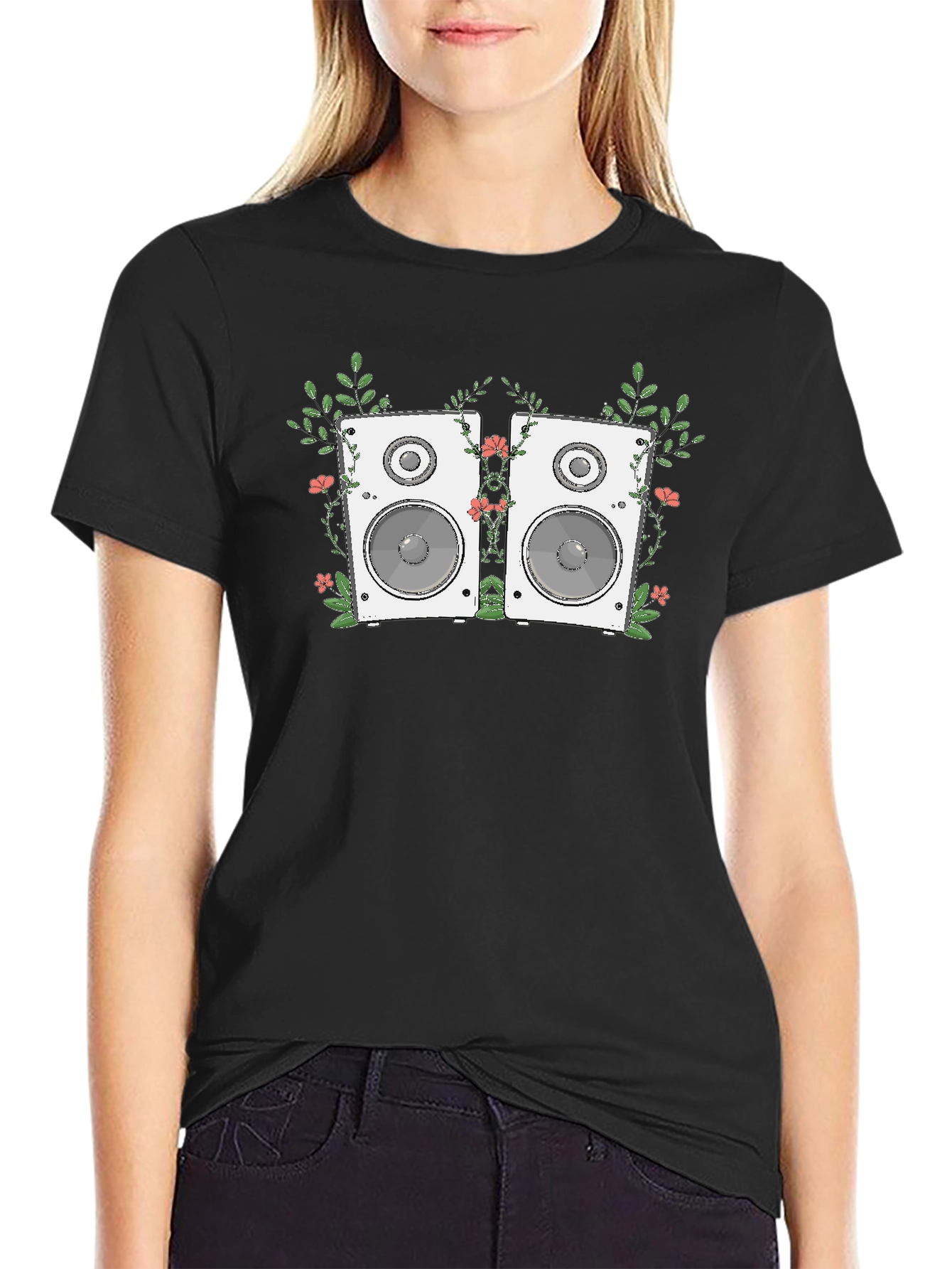 Black Floral Speaker Graphic Tee - Black Cotton T-Shirt view 2