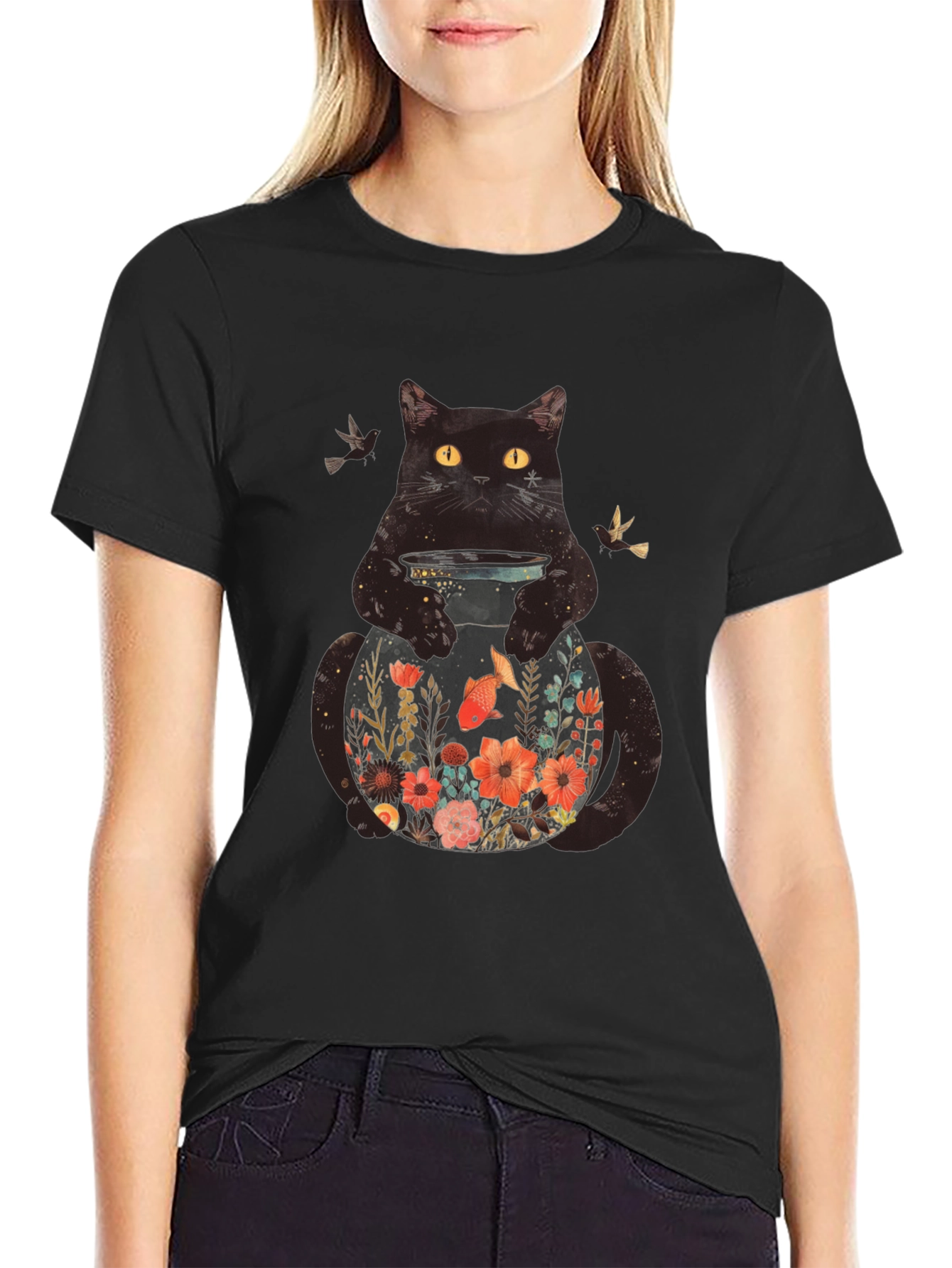 Black Floral Cat Graphic T-Shirt - Unique Animal Design view 2