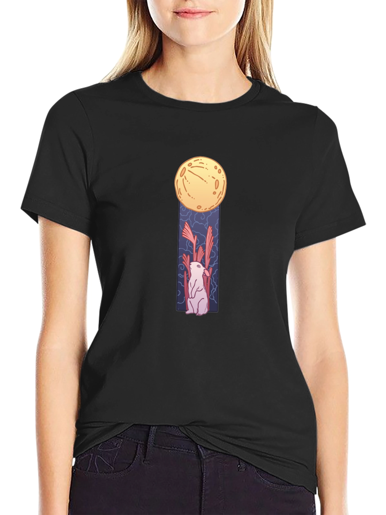 Black Rabbit Moon Black T-Shirt - Unique Graphic Tee view 2