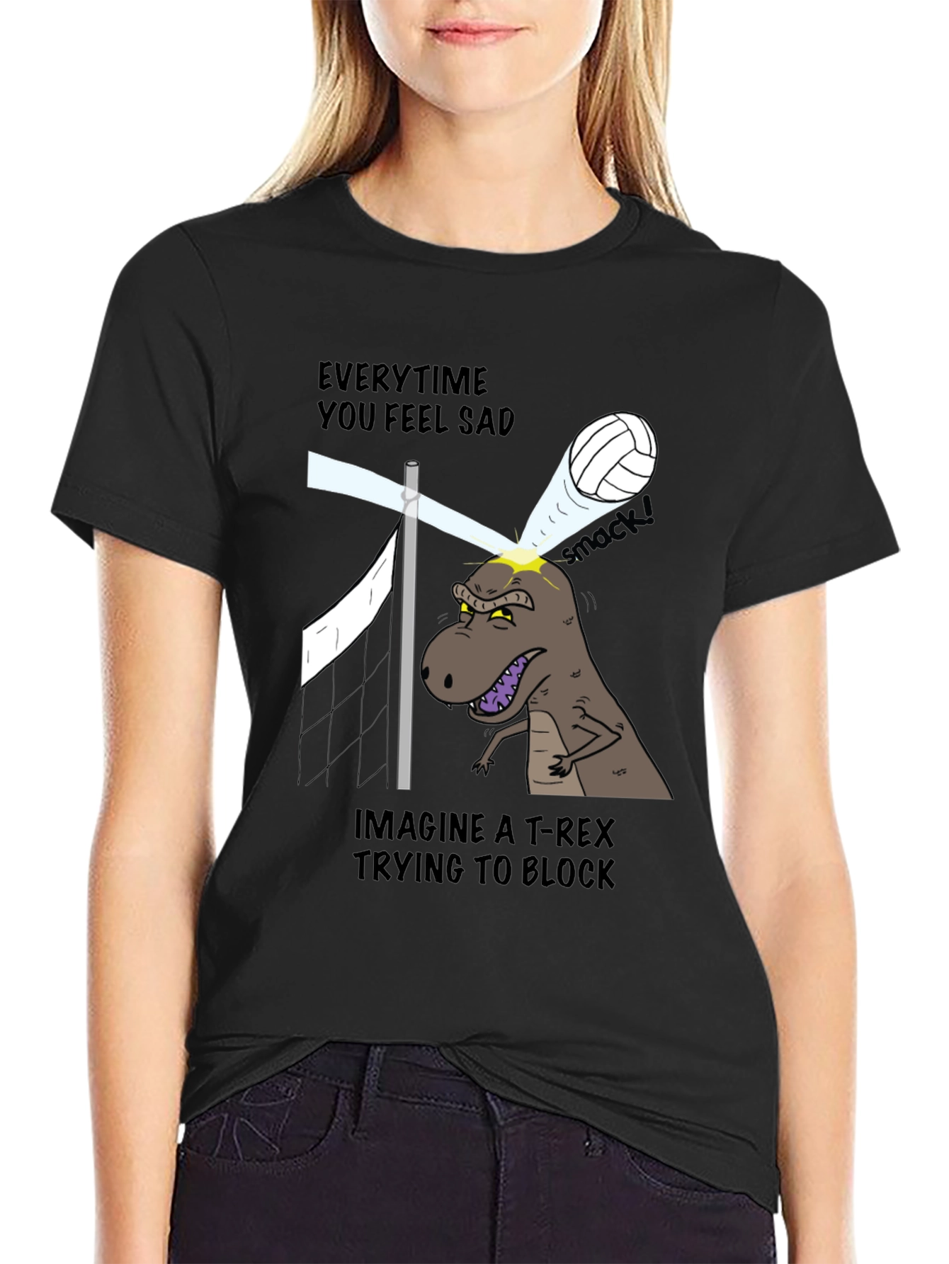 Funny T-Rex Volleyball Block Graphic Tee - 2