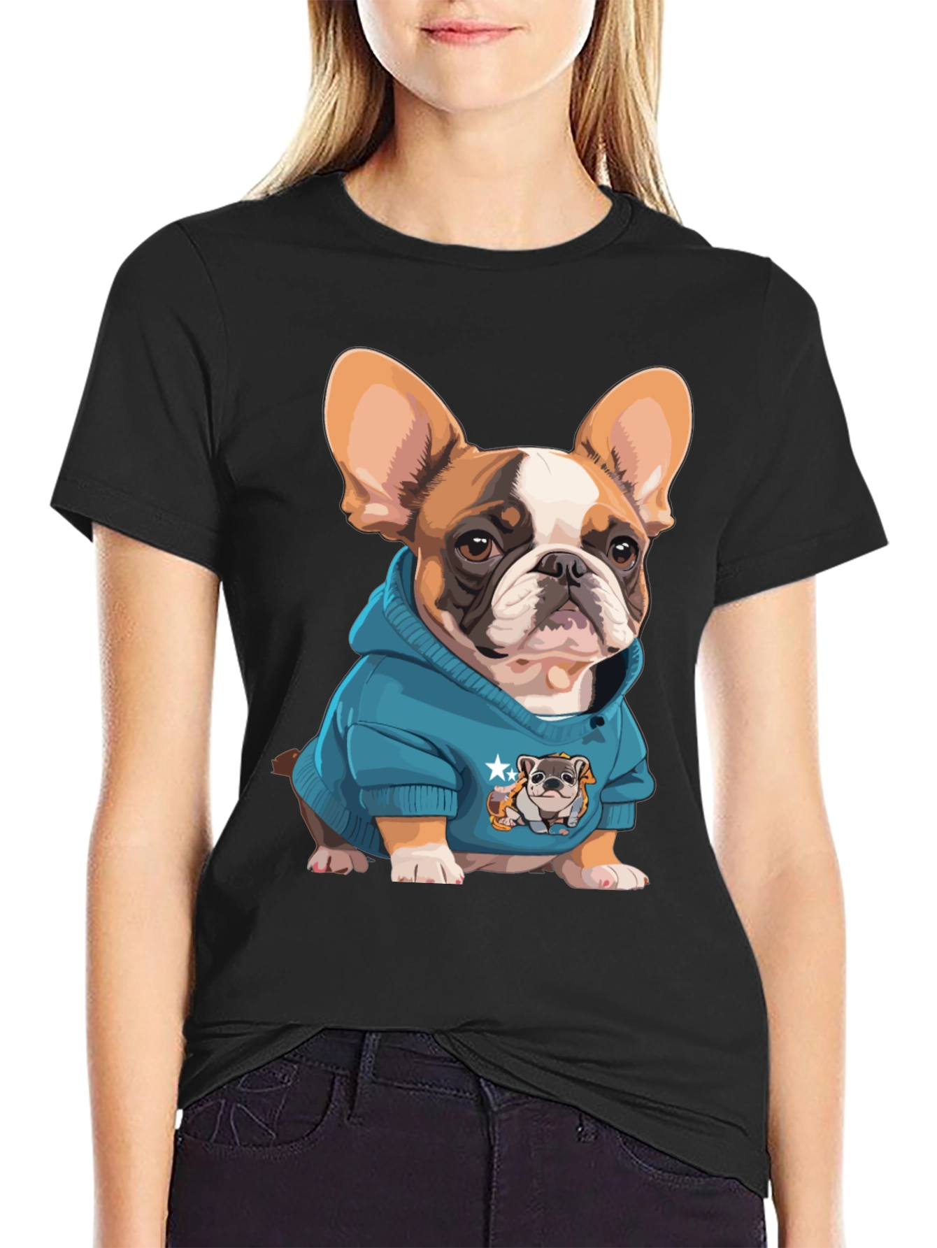 Black Bulldog in Hoodie Graphic Tee - Cute Dog Lover Shirt view 2