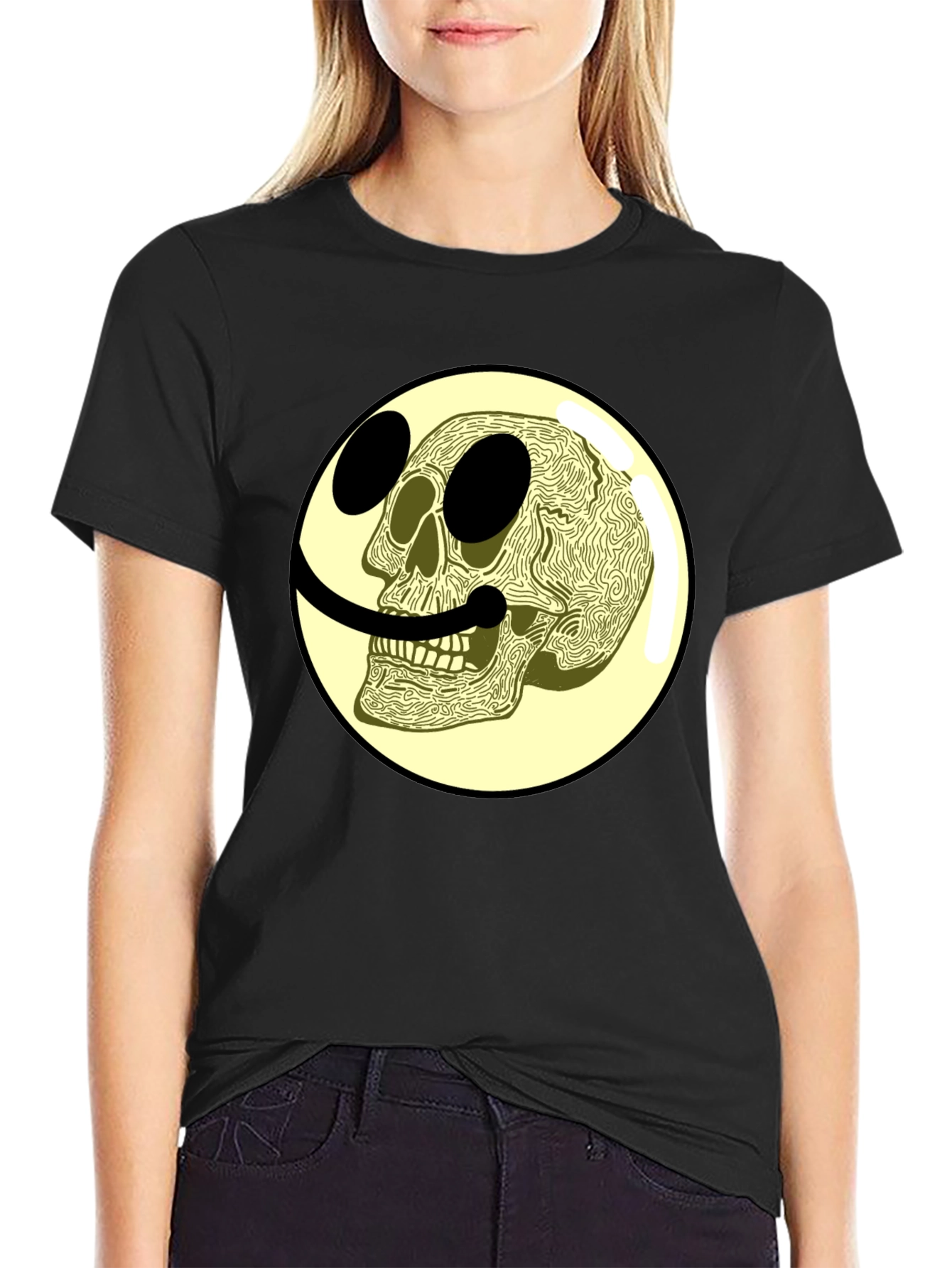 Black Skull Smiley Face Graphic Tee view 2