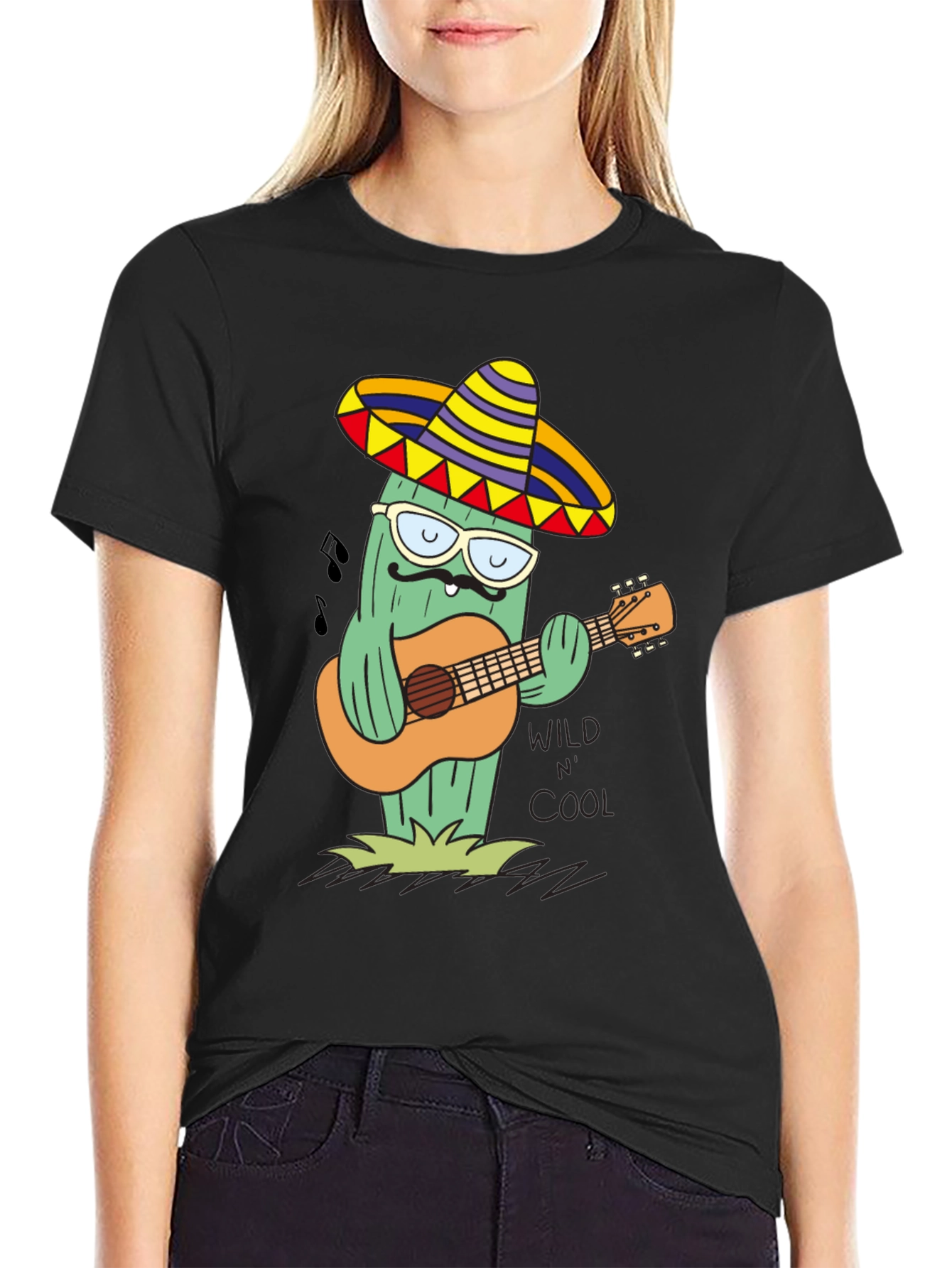 Black Cool Cactus Guitarist T-Shirt - Wild & Cool view 2