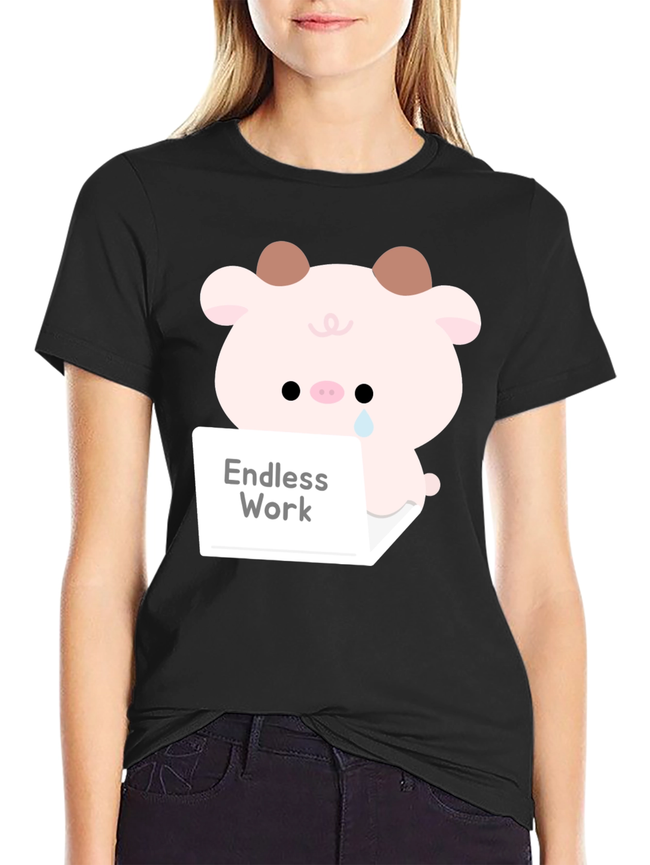 Black Endless Work Pig T-Shirt - Cute Graphic Tee view 2
