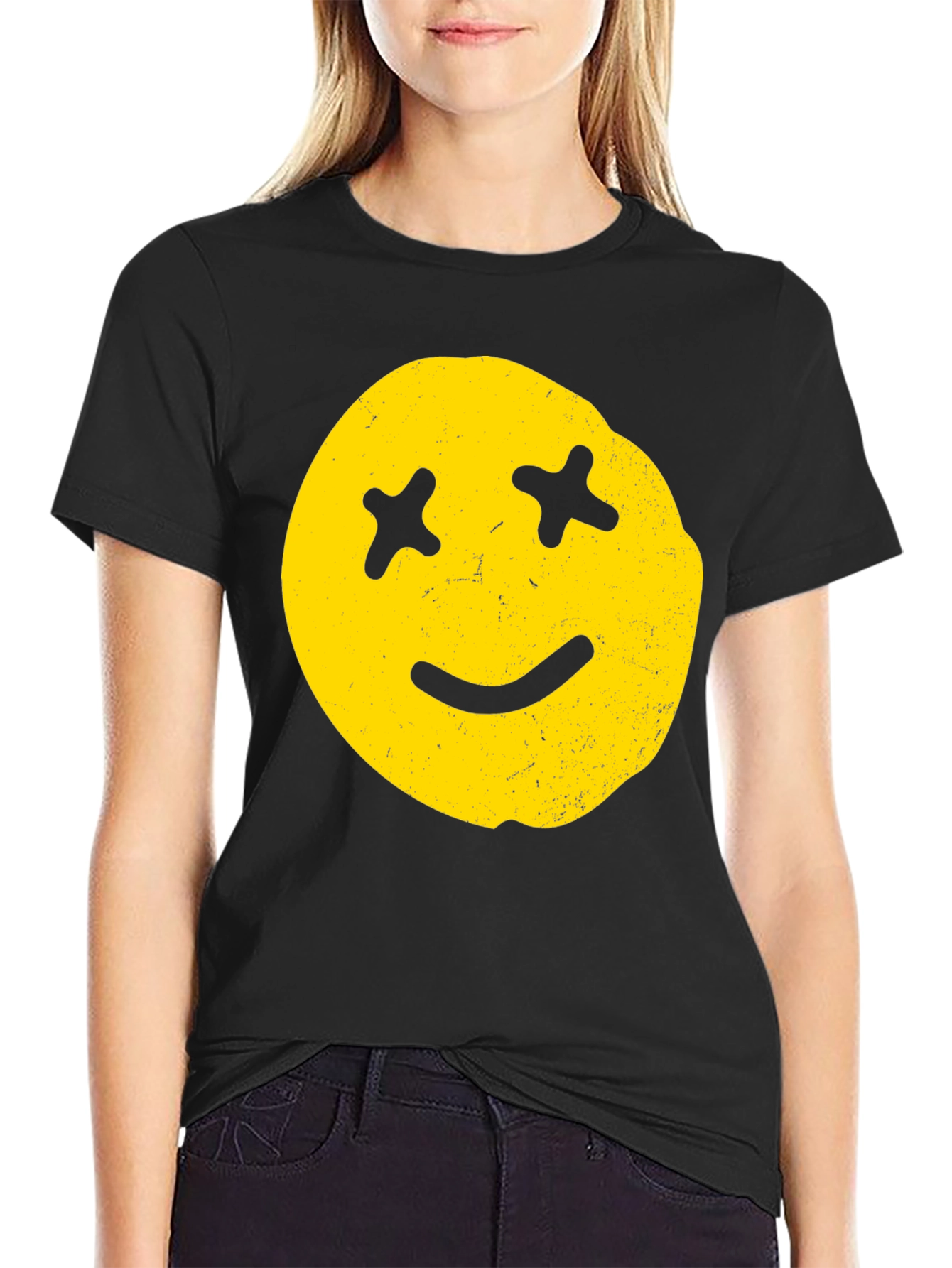 Black Distressed Smiley Face Graphic Tee view 2