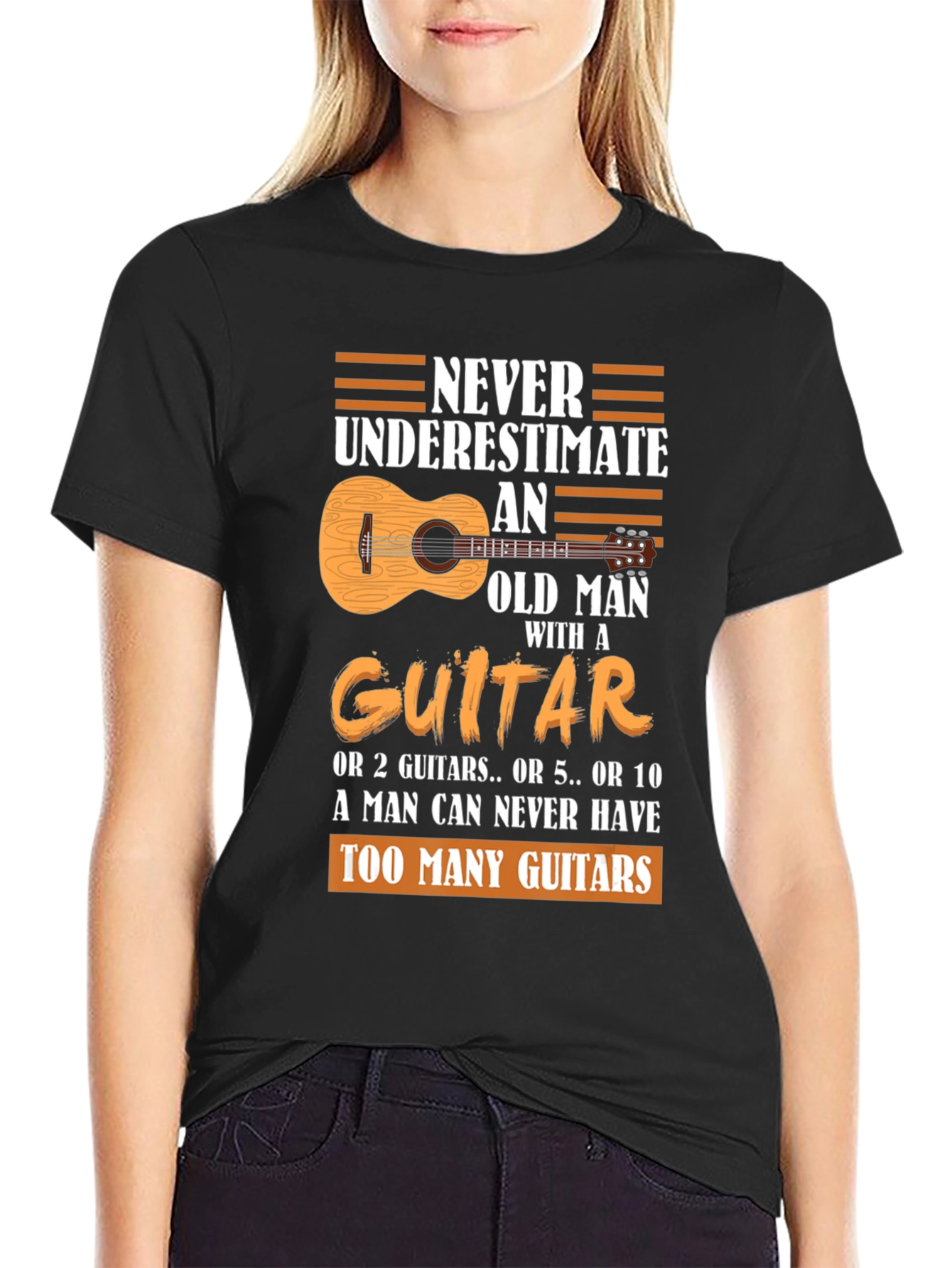 Black Never Underestimate Old Man Guitar T-Shirt view 2