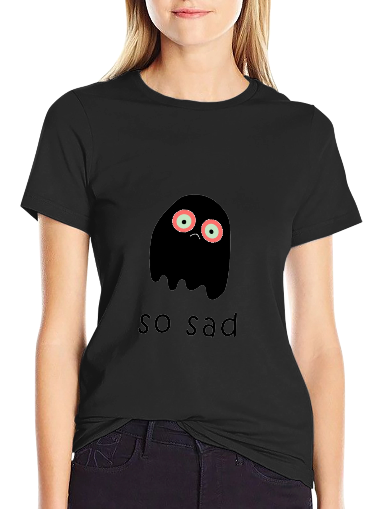 Black Sad Ghost Graphic Tee - Unisex Black T-Shirt view 2