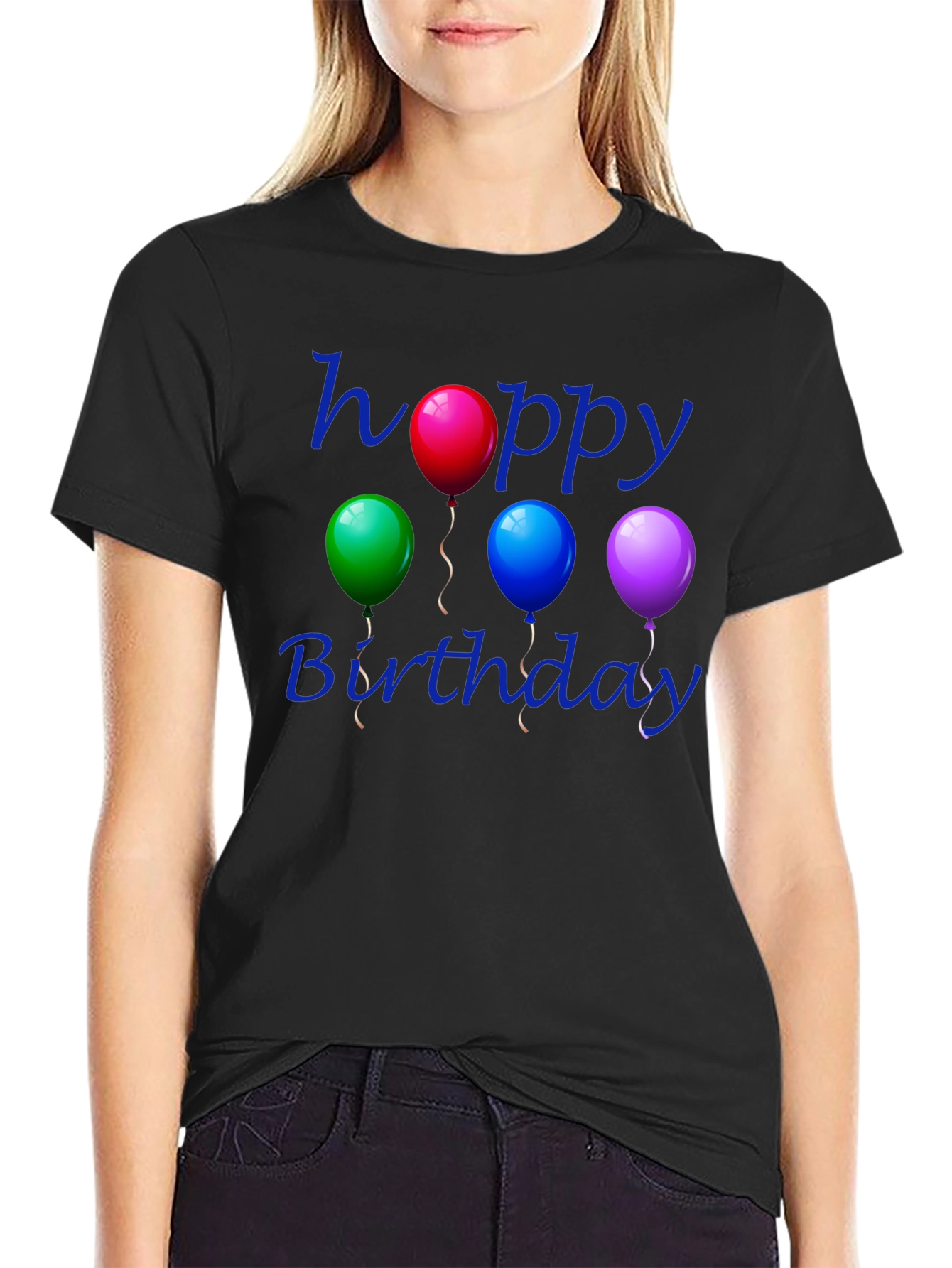 Black Happy Birthday Balloon T-Shirt - Black Cotton view 2
