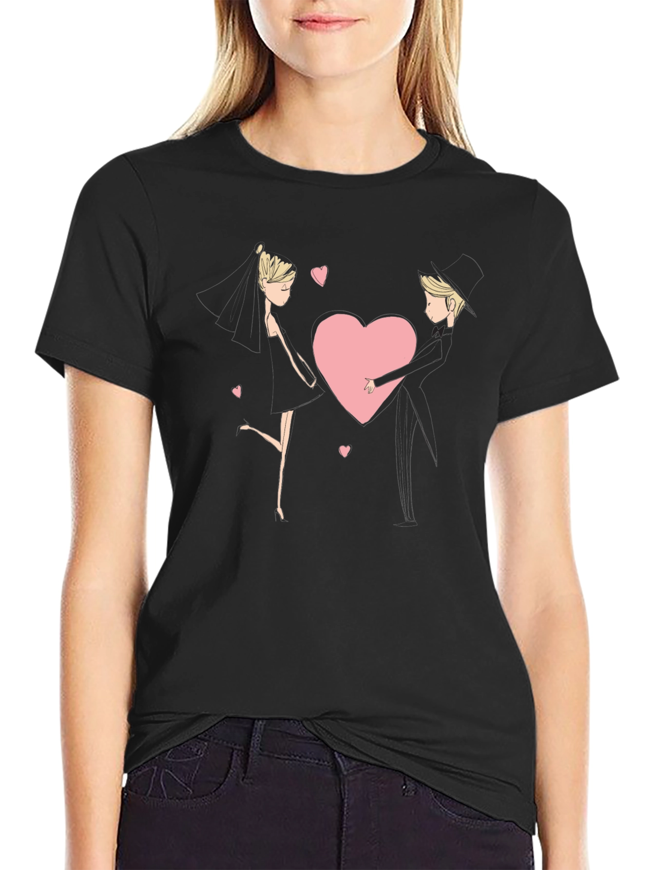 Black Romantic Couple Heart Graphic Black T-Shirt view 2