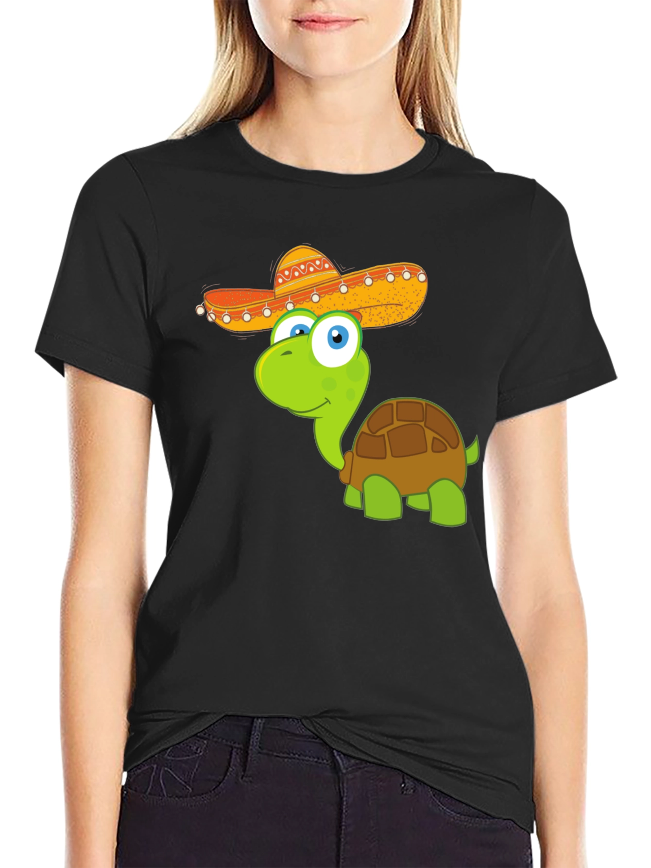 Black Cartoon Turtle with Sombrero T-Shirt view 2