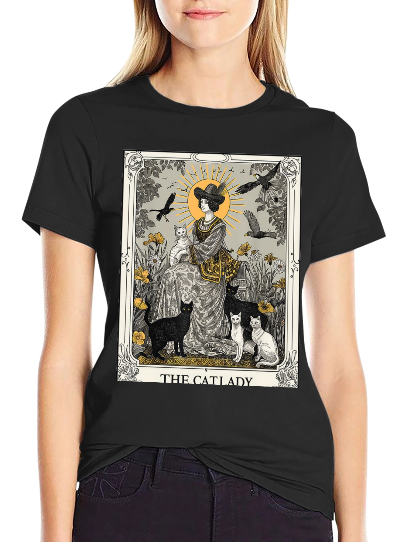 Black The Catlady Tarot Card T-Shirt - Unisex Graphic Tee view 2