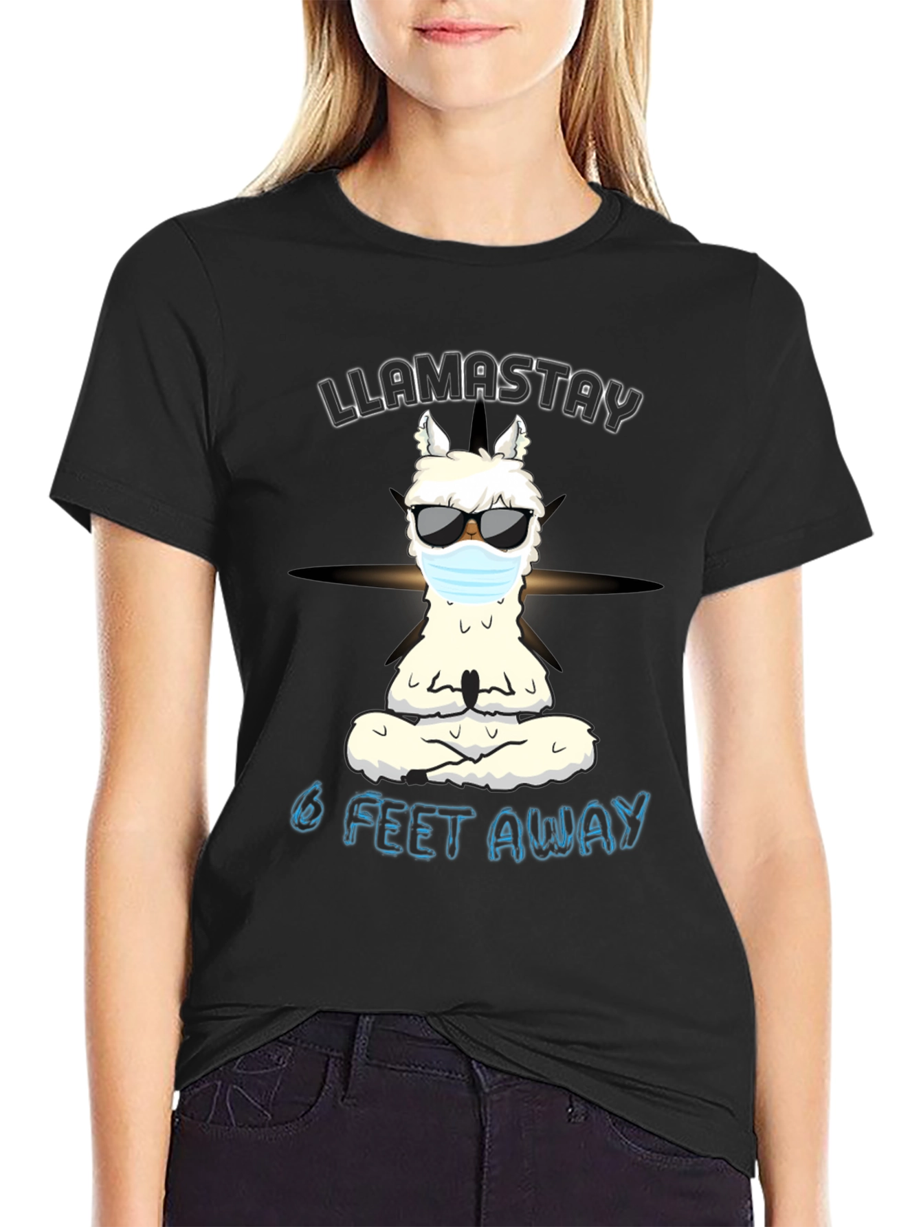 Black Llamastay 6 Feet Away Graphic Tee view 2