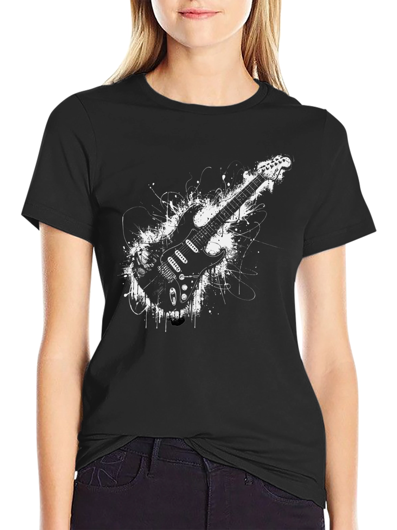 Black Electric Guitar Graphic Tee - Rocker Style Black T-Shirt view 2