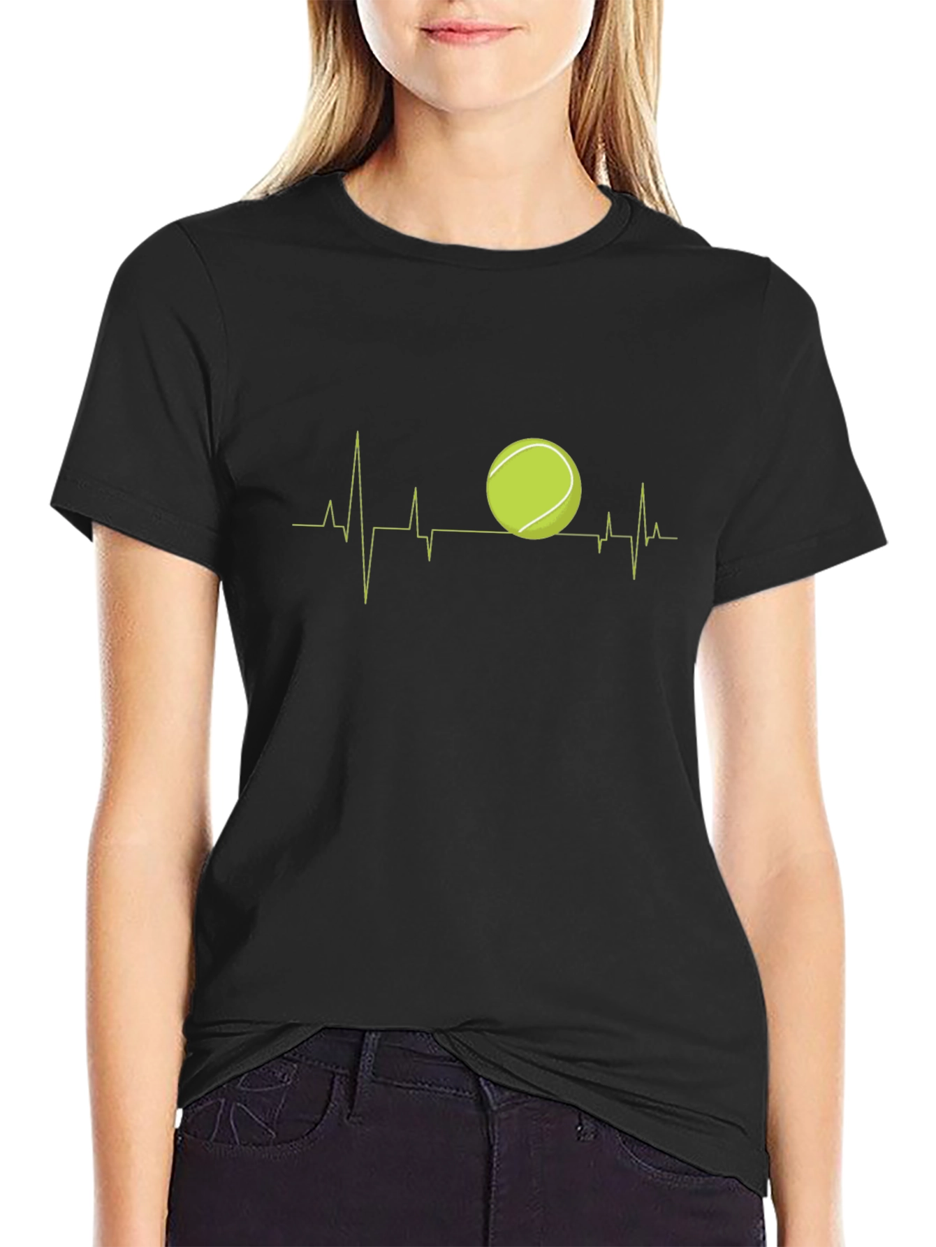 Black Tennis Heartbeat Graphic Tee - Black Cotton T-Shirt view 2