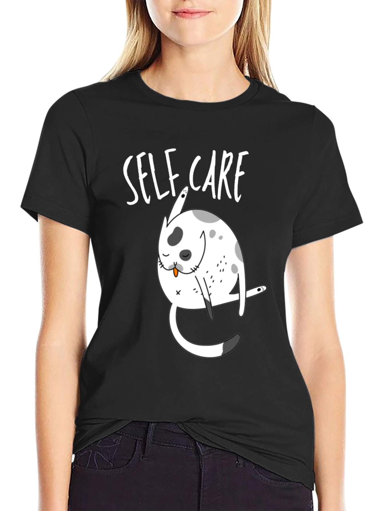 Black Self-Care Cat Graphic Tee - Comfortable Cotton Blend view 2