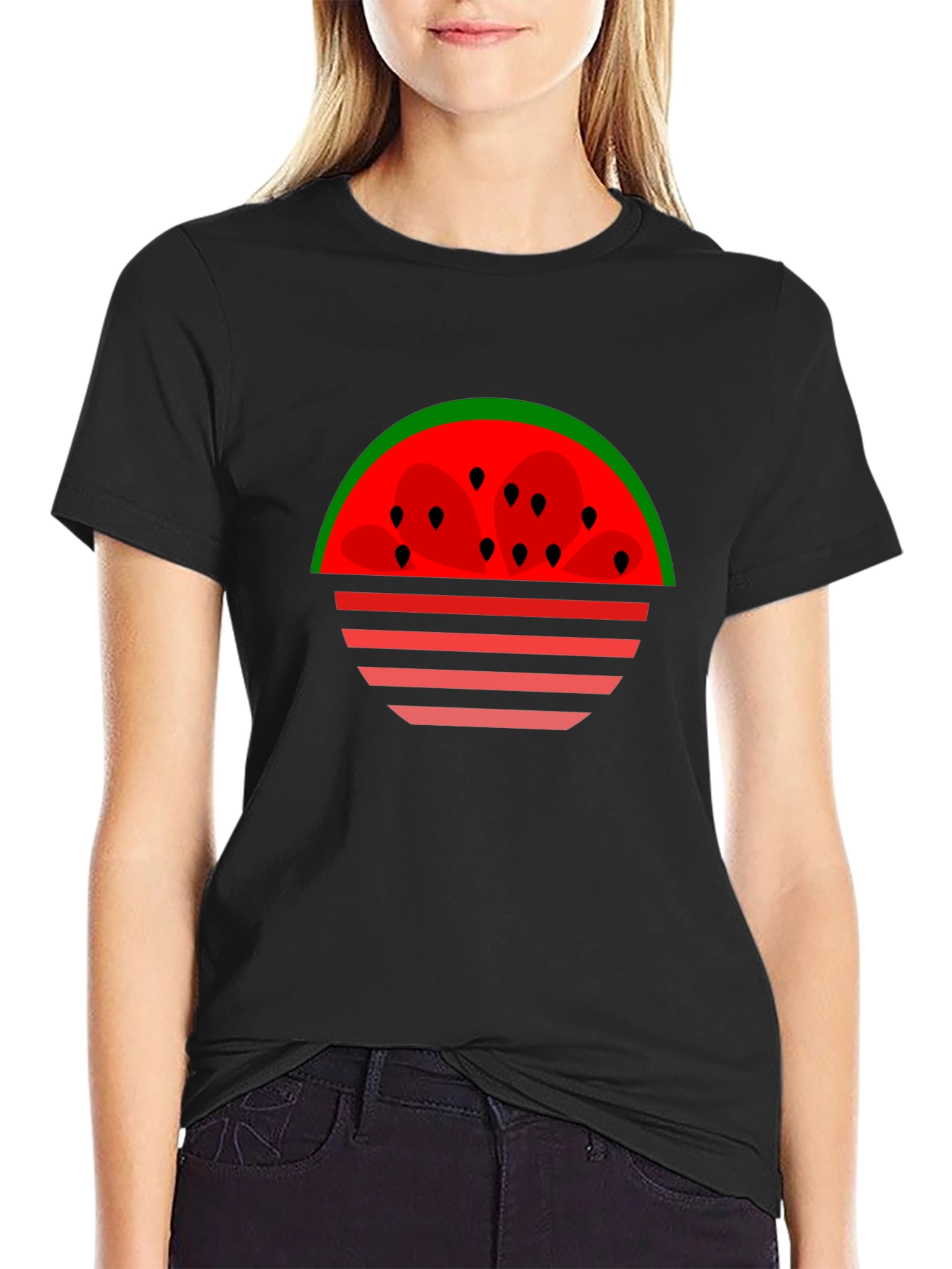 Black Watermelon Sunset Graphic Tee - Black Cotton T-Shirt view 2
