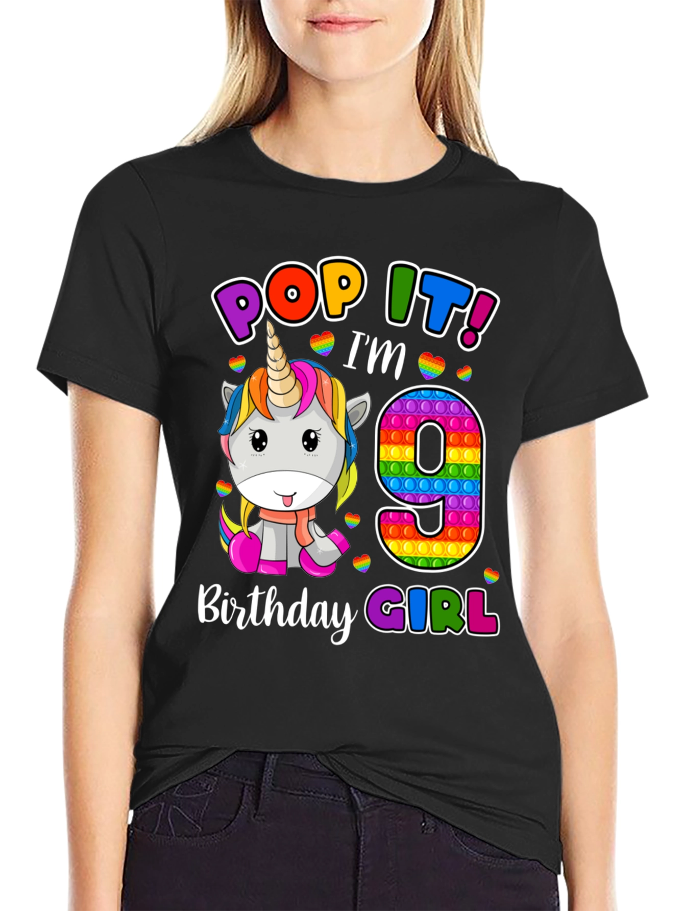 Black Pop It! I'm 9 Birthday Girl T-Shirt Unicorn view 2