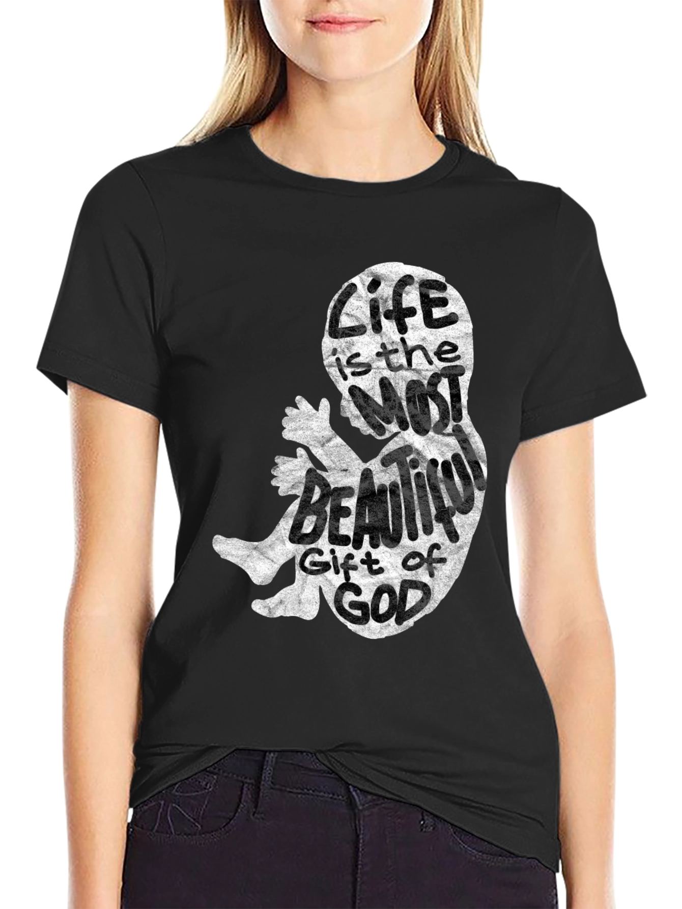 Black Pro-Life Fetus Graphic Tee - Life is Beautiful Cotton T-Shirt view 2