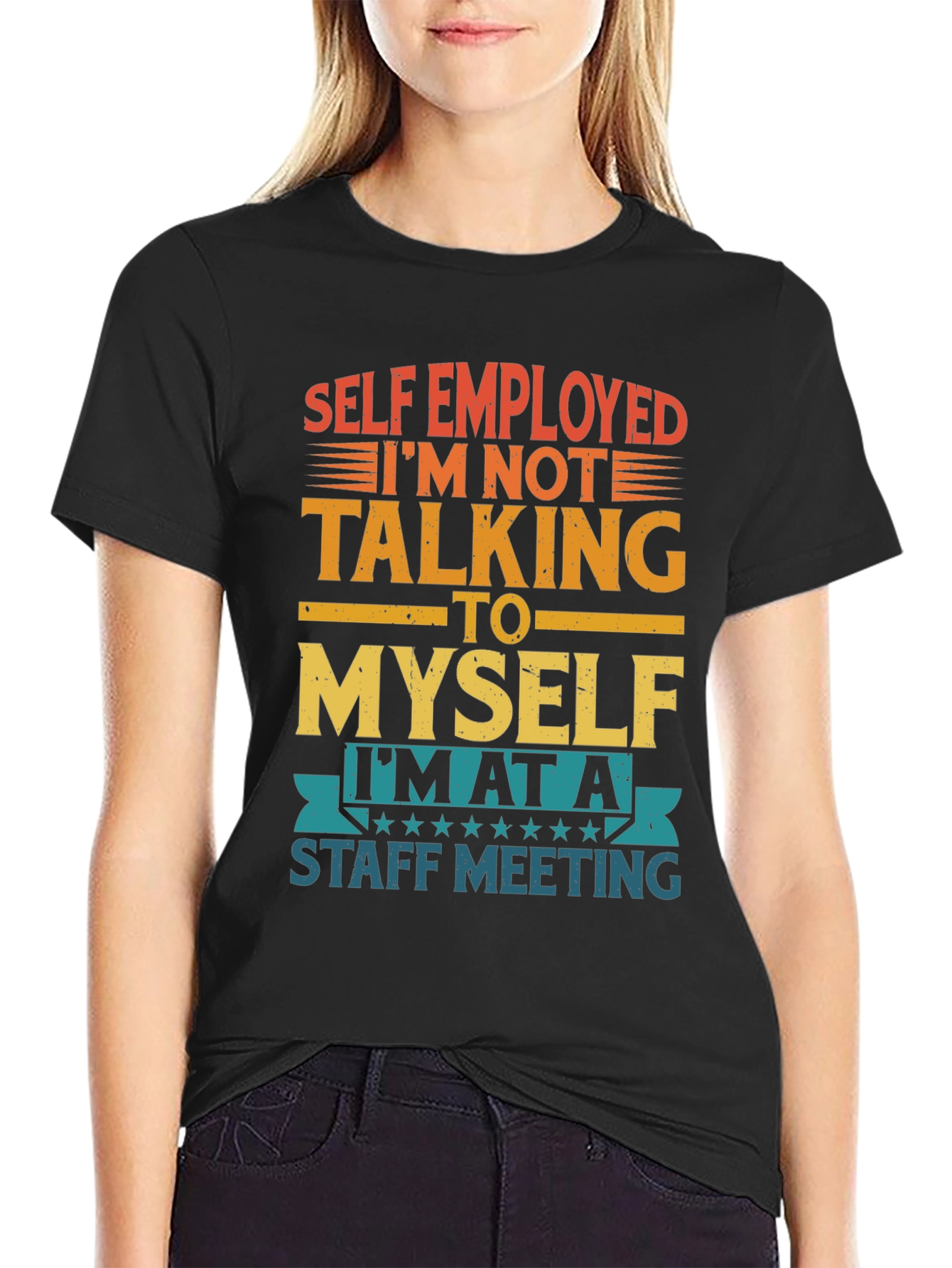 Black Self Employed Staff Meeting Funny T-Shirt view 2