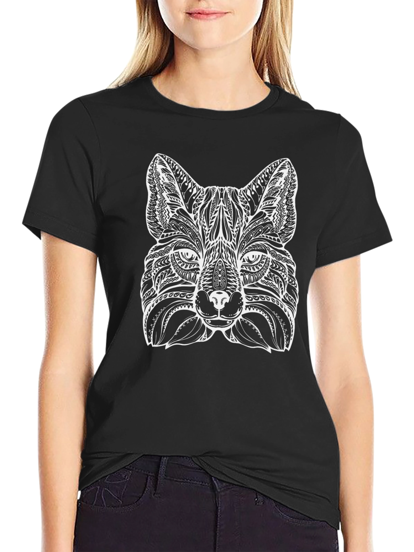 Black Intricate Fox Design Black T-Shirt view 2