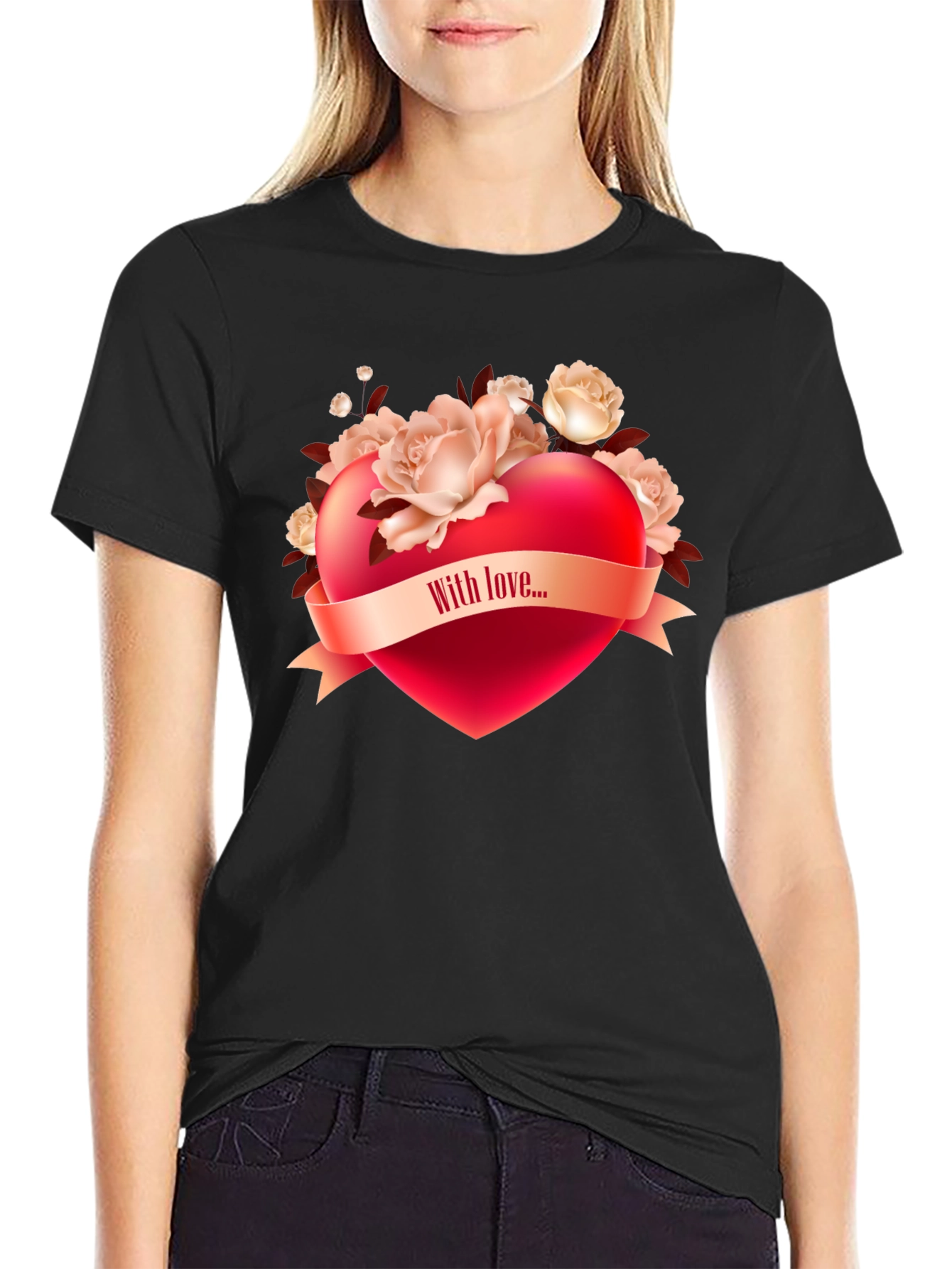 Black Romantic Heart & Roses Graphic T-Shirt view 2