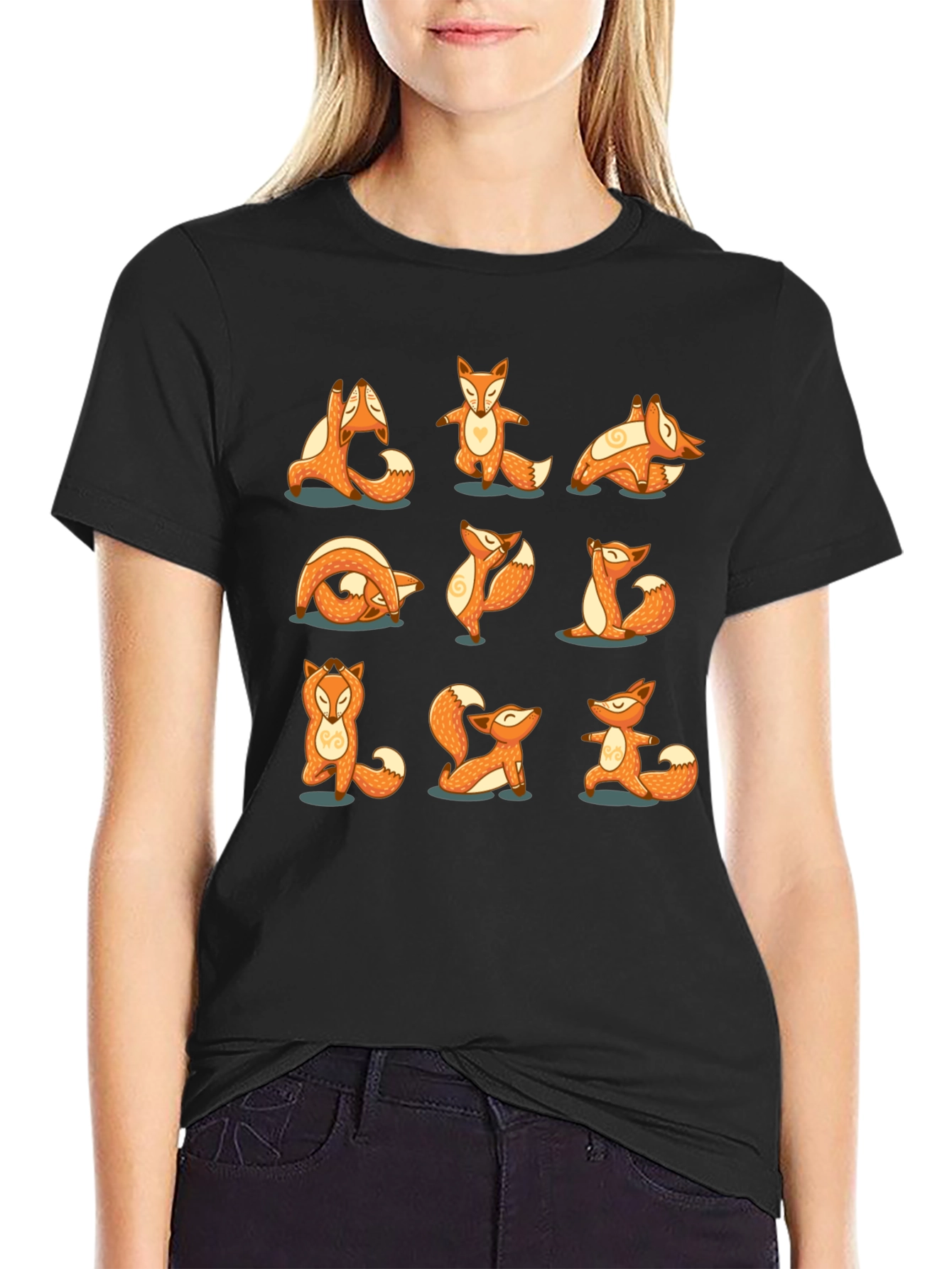 Black Yoga Fox T-Shirt: Peaceful Poses view 2