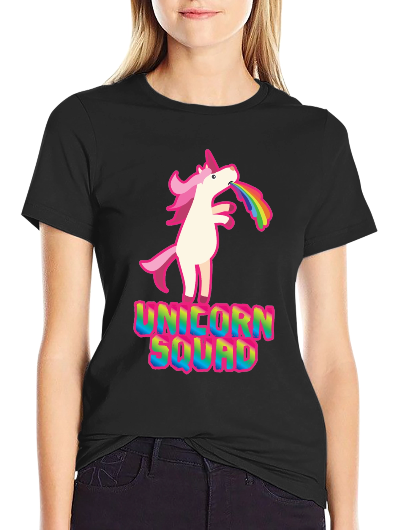 Black Unicorn Squad Graphic T-Shirt - Rainbow Vomit Design view 2