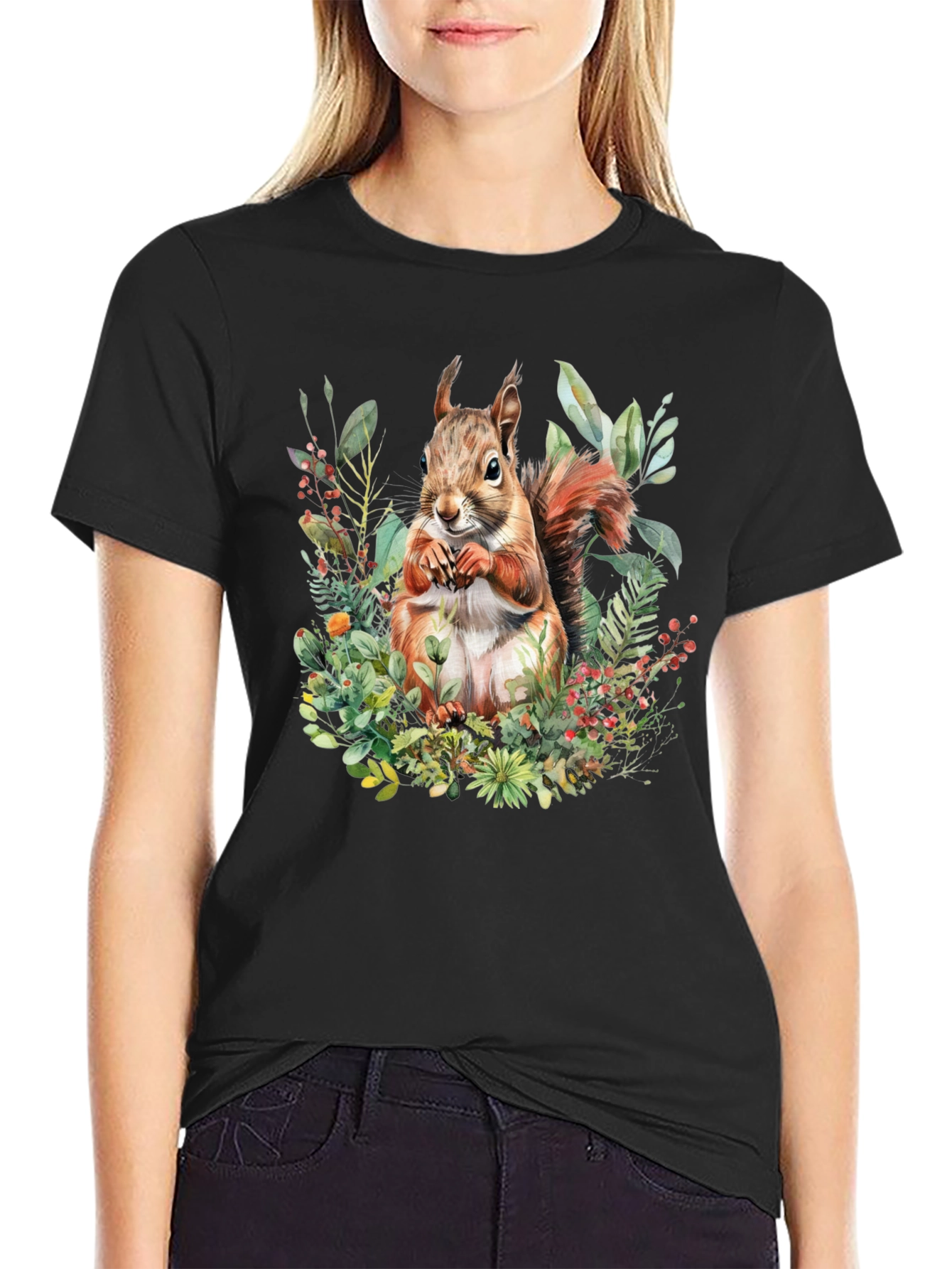 Black Squirrel Floral Print T-Shirt view 2
