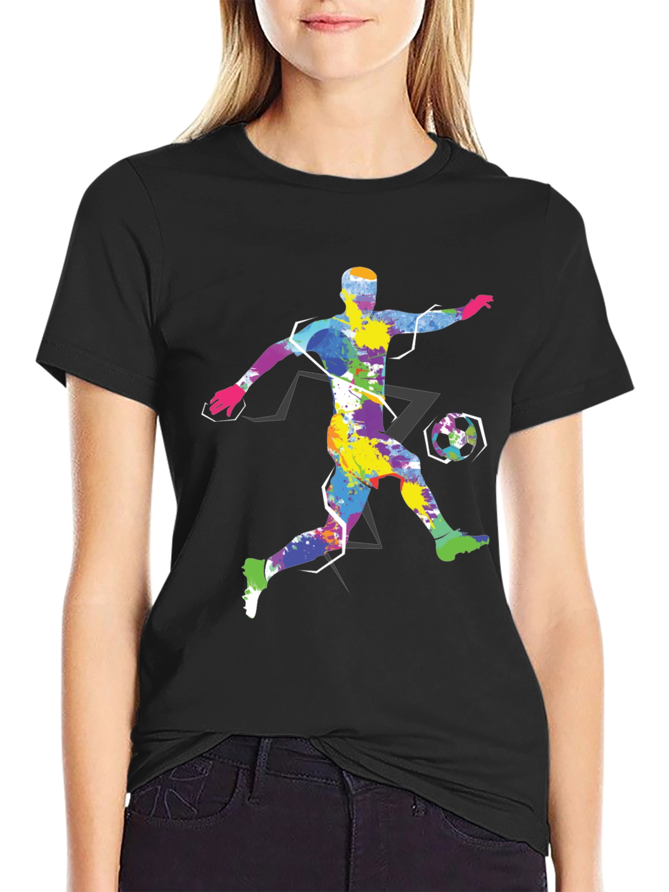 Black Colorful Soccer Player Graphic Tee - Black Cotton Shirt view 2