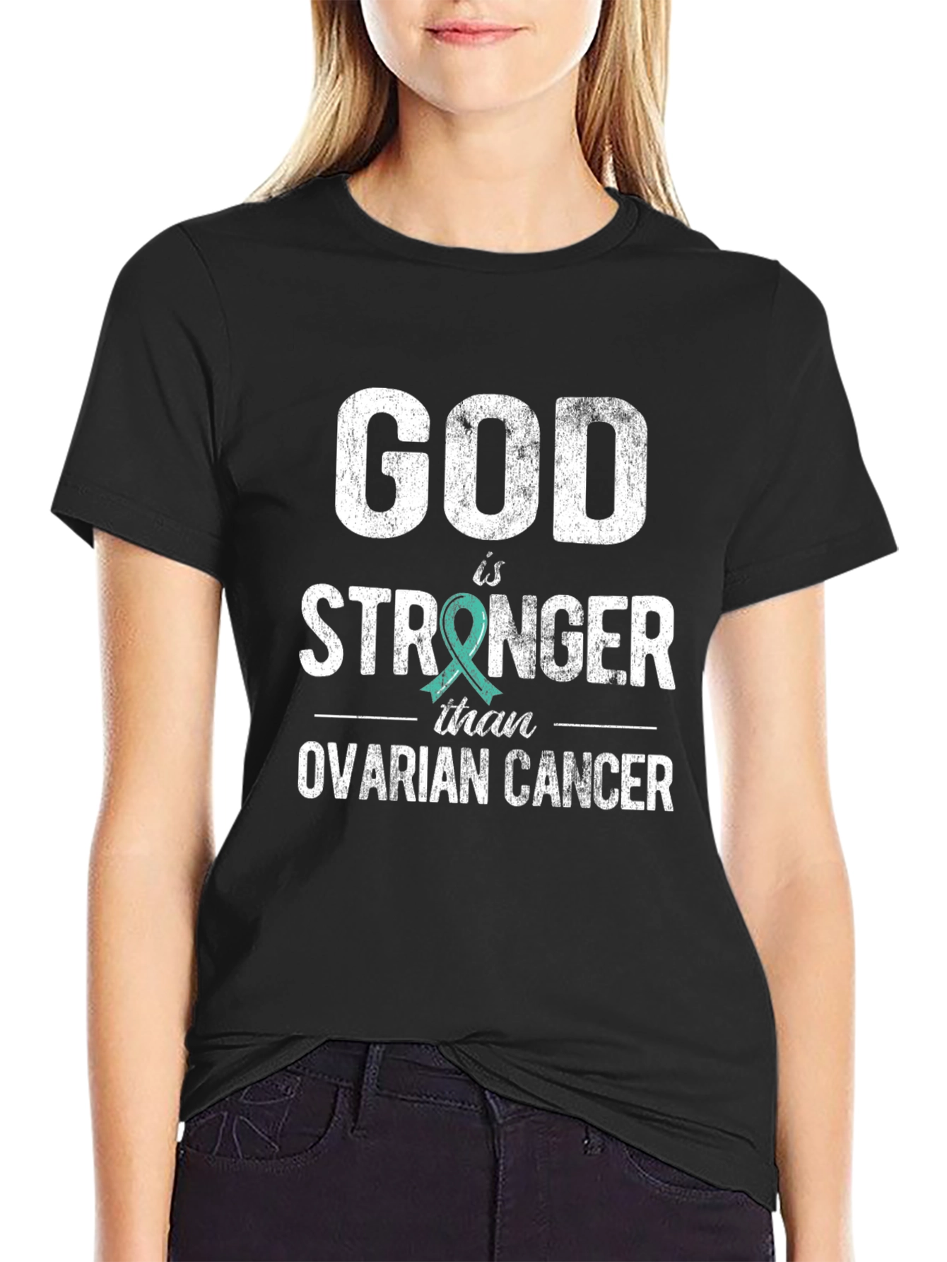 Black God is Stronger Than Ovarian Cancer Awareness T-Shirt view 2