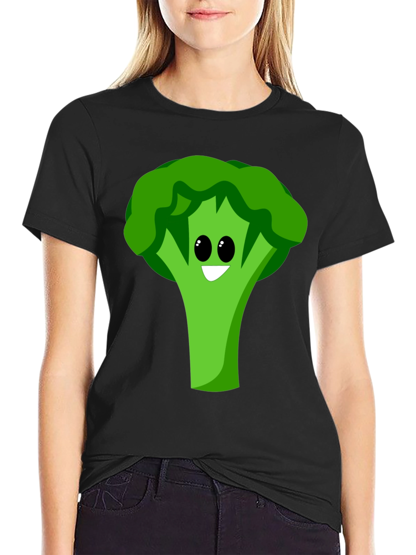 Black Cartoon Broccoli Graphic Tee - Black Cotton Blend view 2