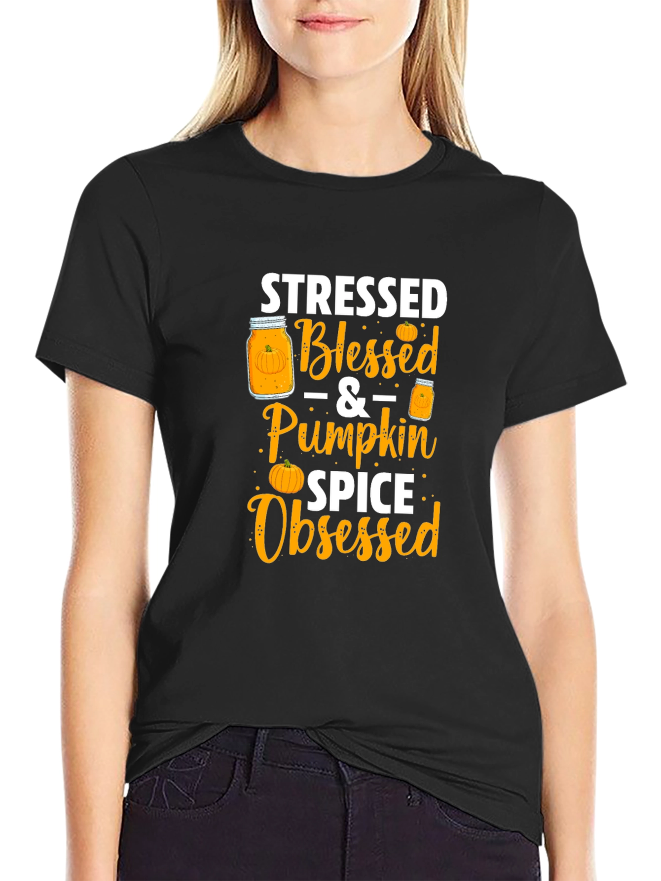 Black Stressed Blessed Pumpkin Spice Obsessed T-Shirt view 2
