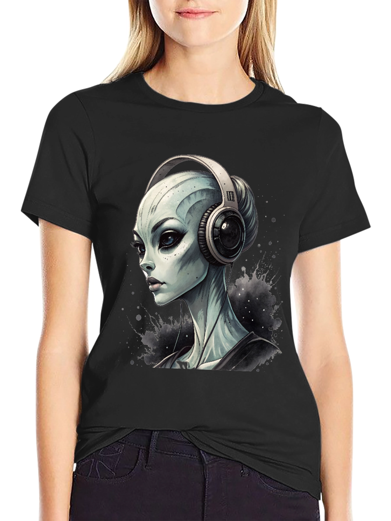 Black Alien DJ Black T-Shirt - Sci-Fi Music Lover Tee view 2