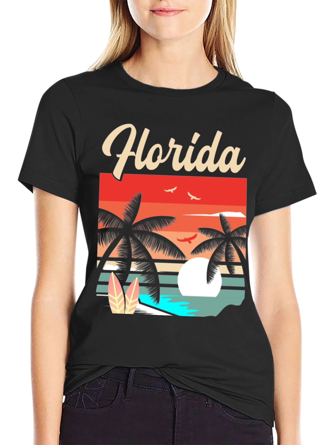 Black Florida Retro Sunset Palm T-Shirt view 2