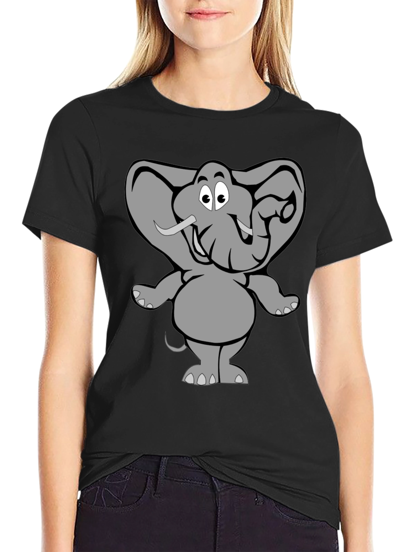 Black Elephant Cartoon Graphic Black T-Shirt view 2