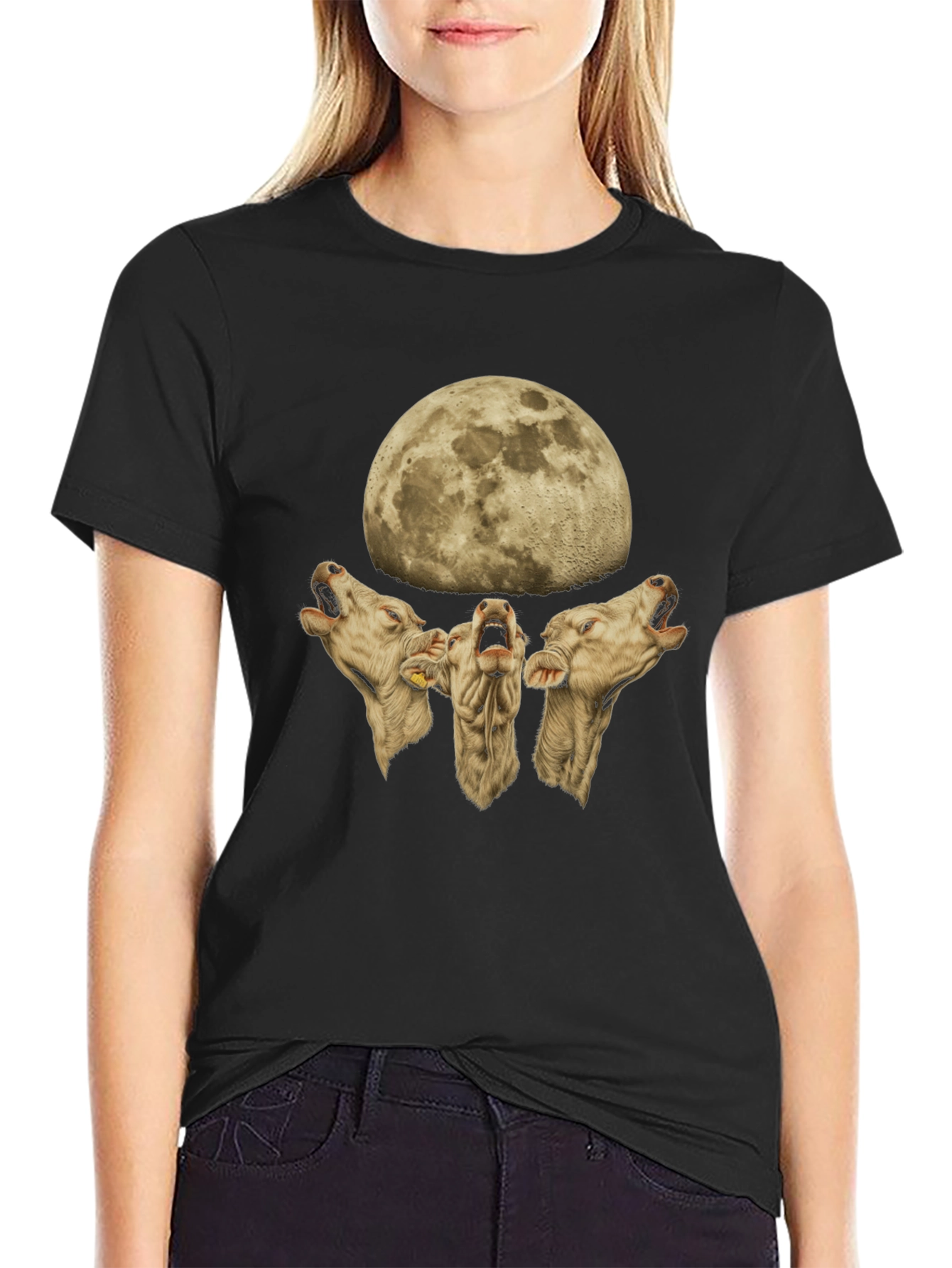 Cow Howl Moon Black T-Shirt Funny Tee - 2