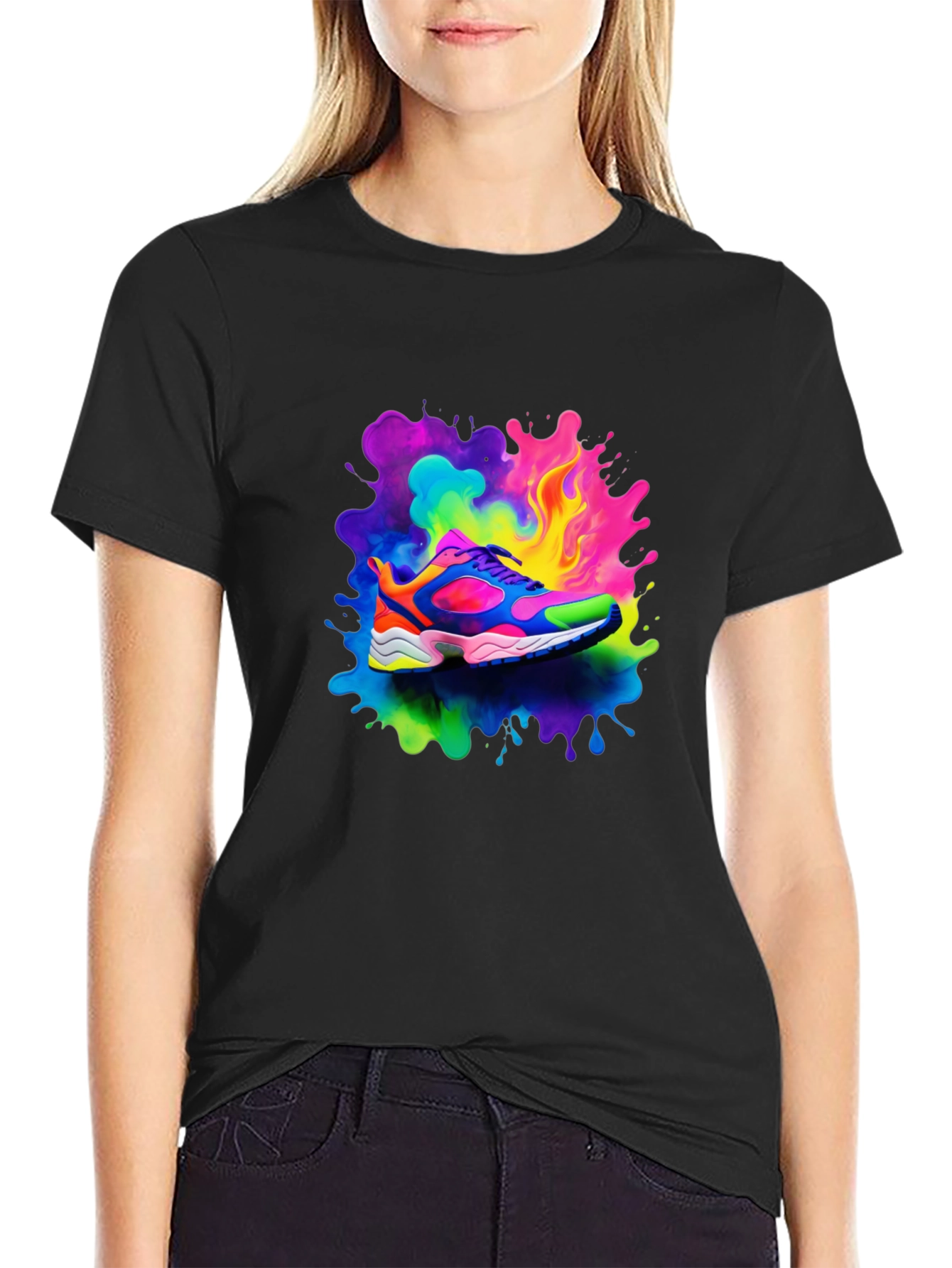 Black Men's Black T-Shirt with Colorful Shoe Design view 2