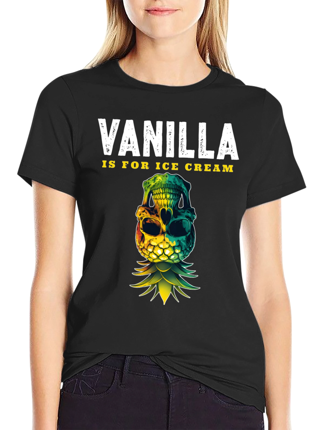 Black Vanilla Ice Cream Skull Pineapple T-Shirt view 2
