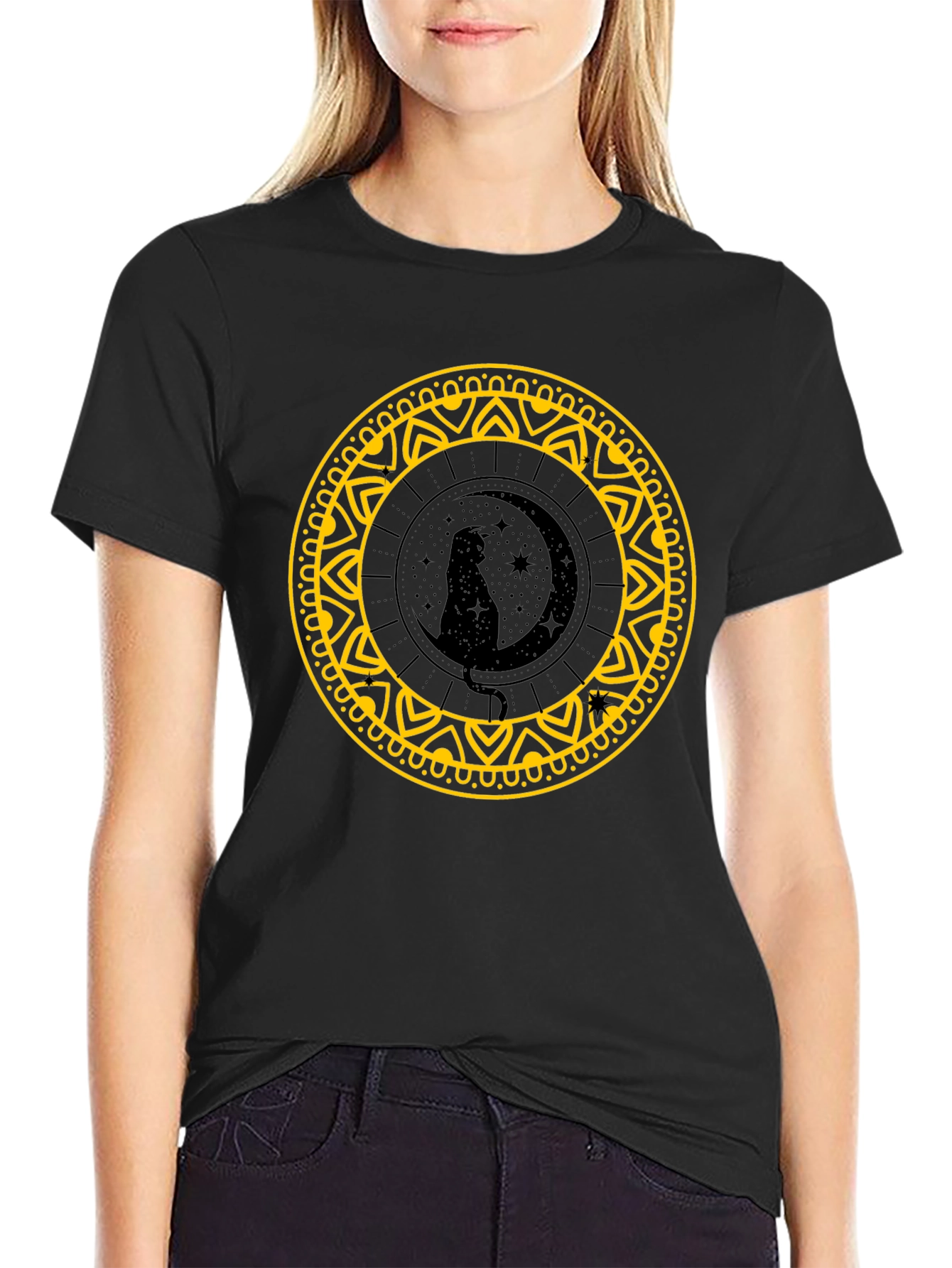 Black Cat Moon Mandala Black T-Shirt view 2