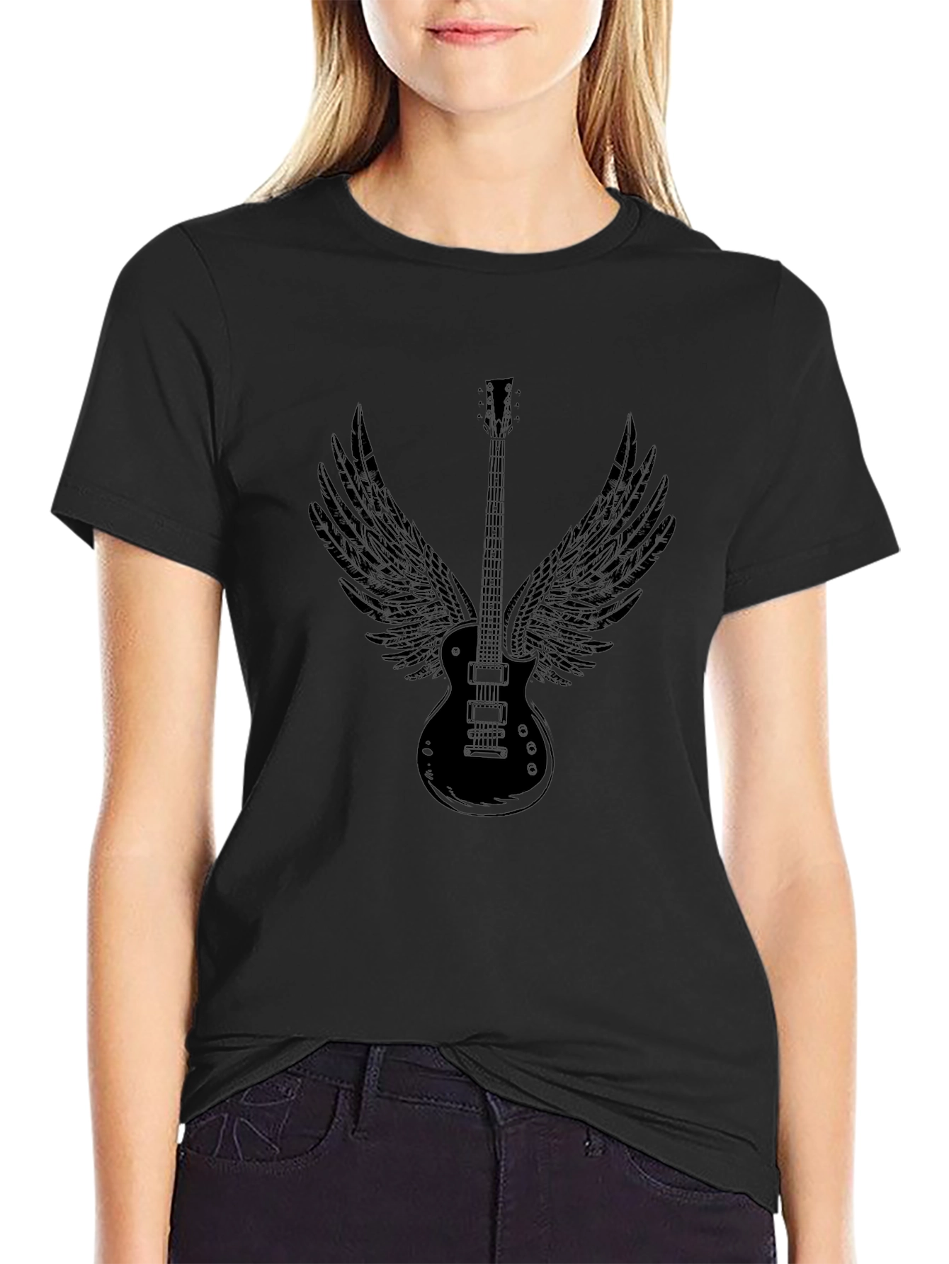 Black Guitar Wings Graphic Black T-Shirt view 2