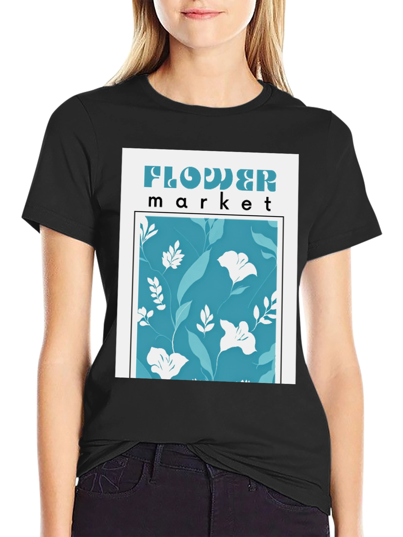 Black Flower Market Graphic Tee - Stylish Floral Print view 2