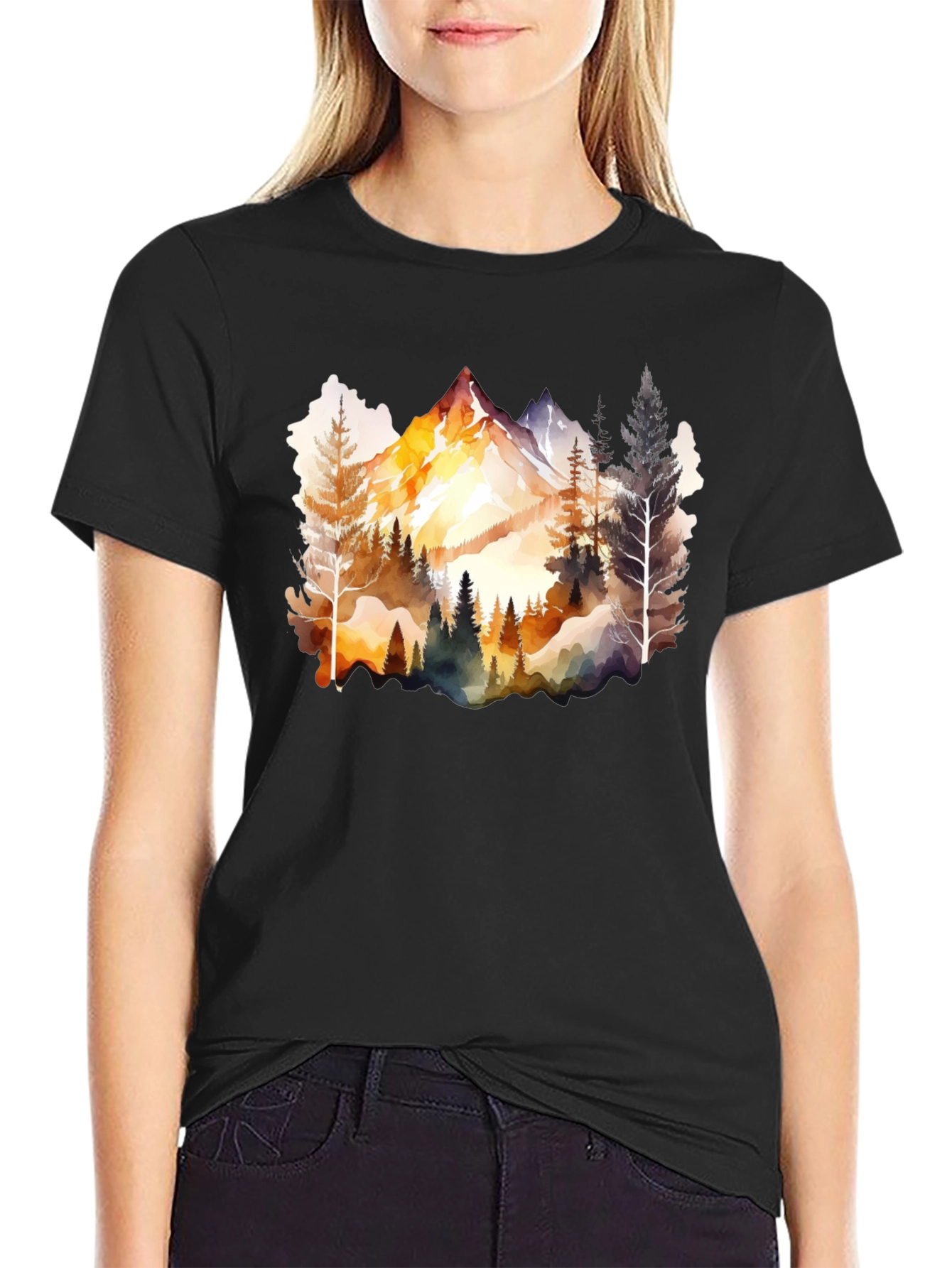 Black Watercolor Mountain & Forest Graphic Tee - Black view 2