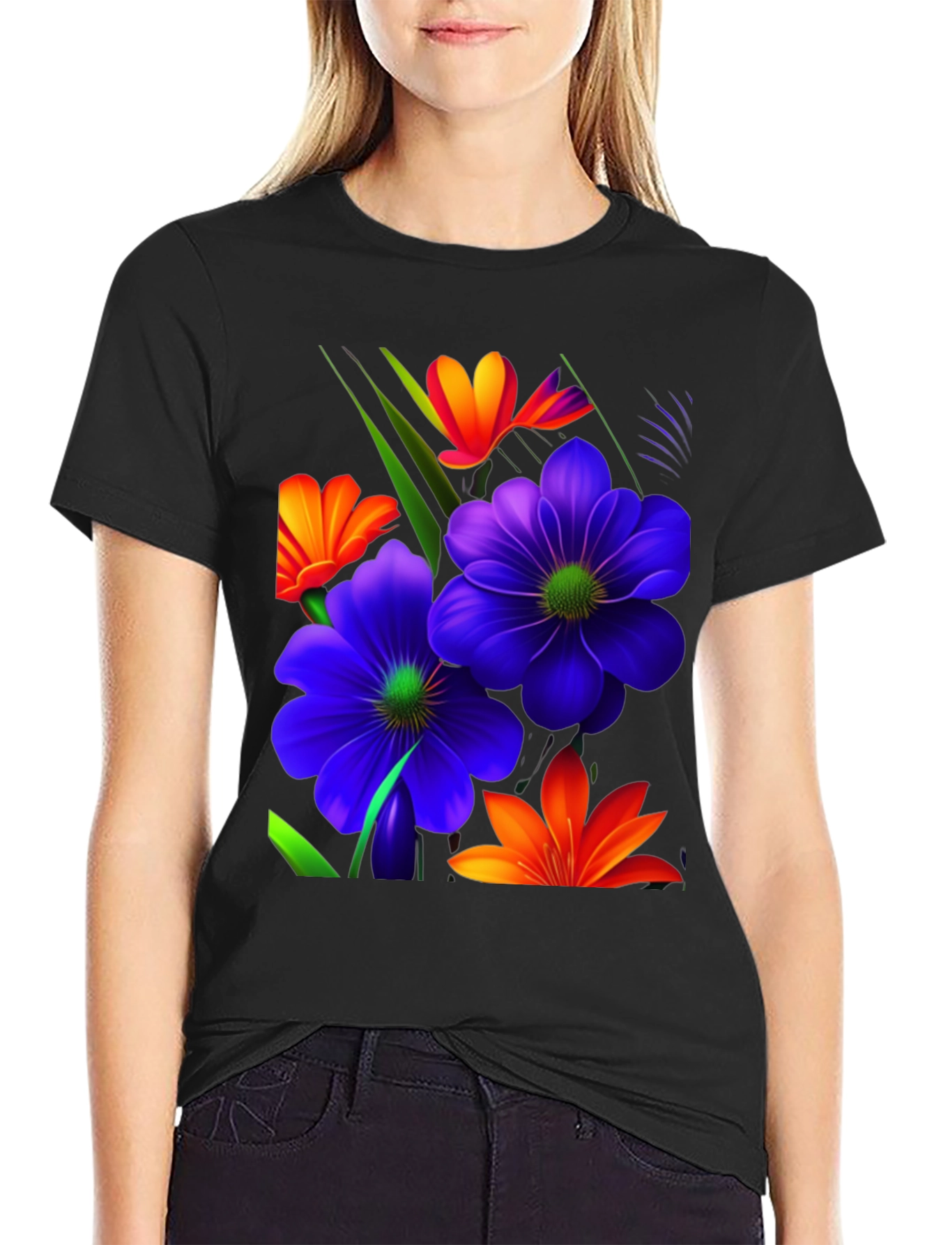 Black Floral Design T-Shirt - Bold & Vibrant view 2