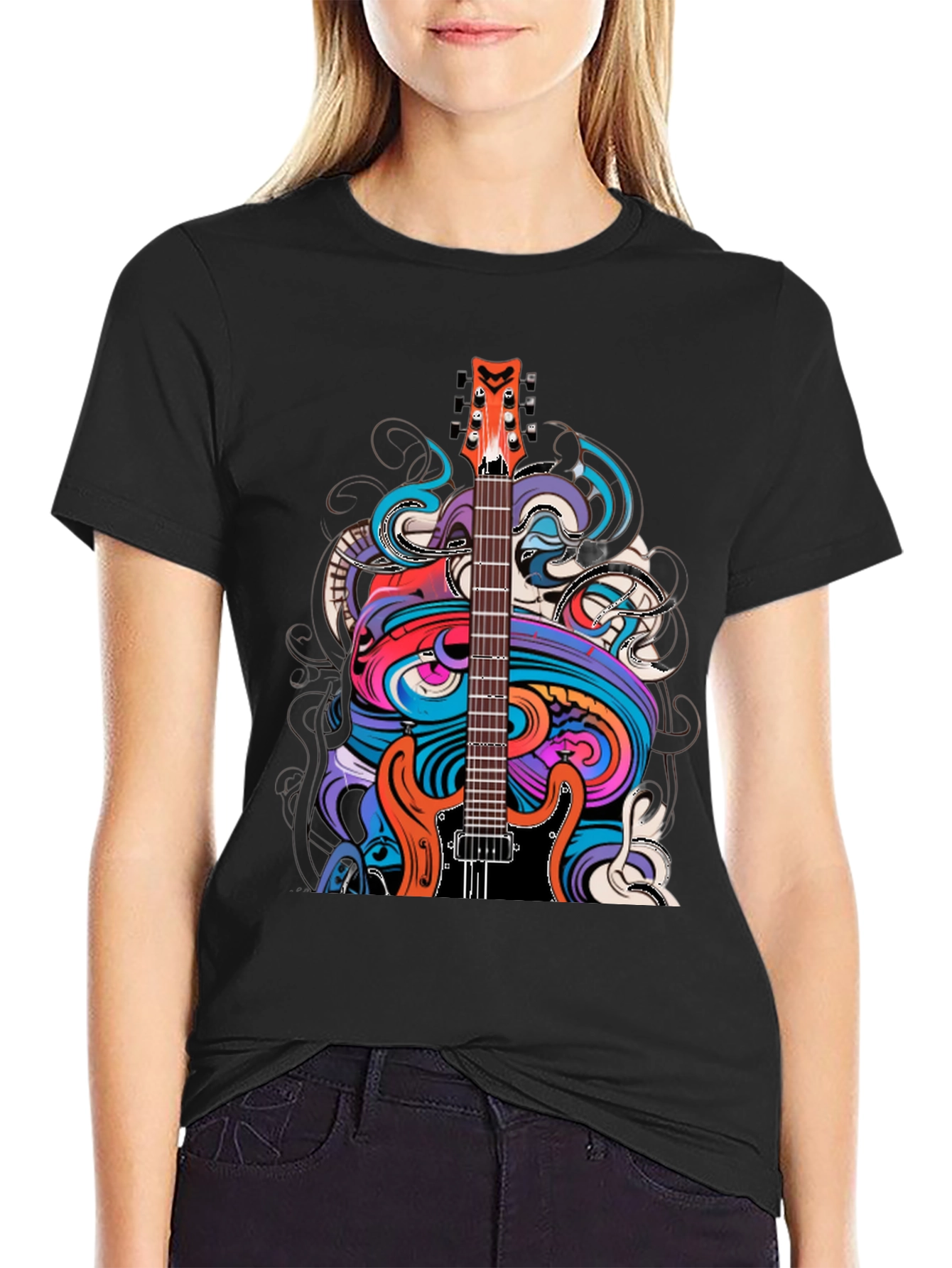 Black Electric Guitar Art T-Shirt - Rock Band Tee view 2