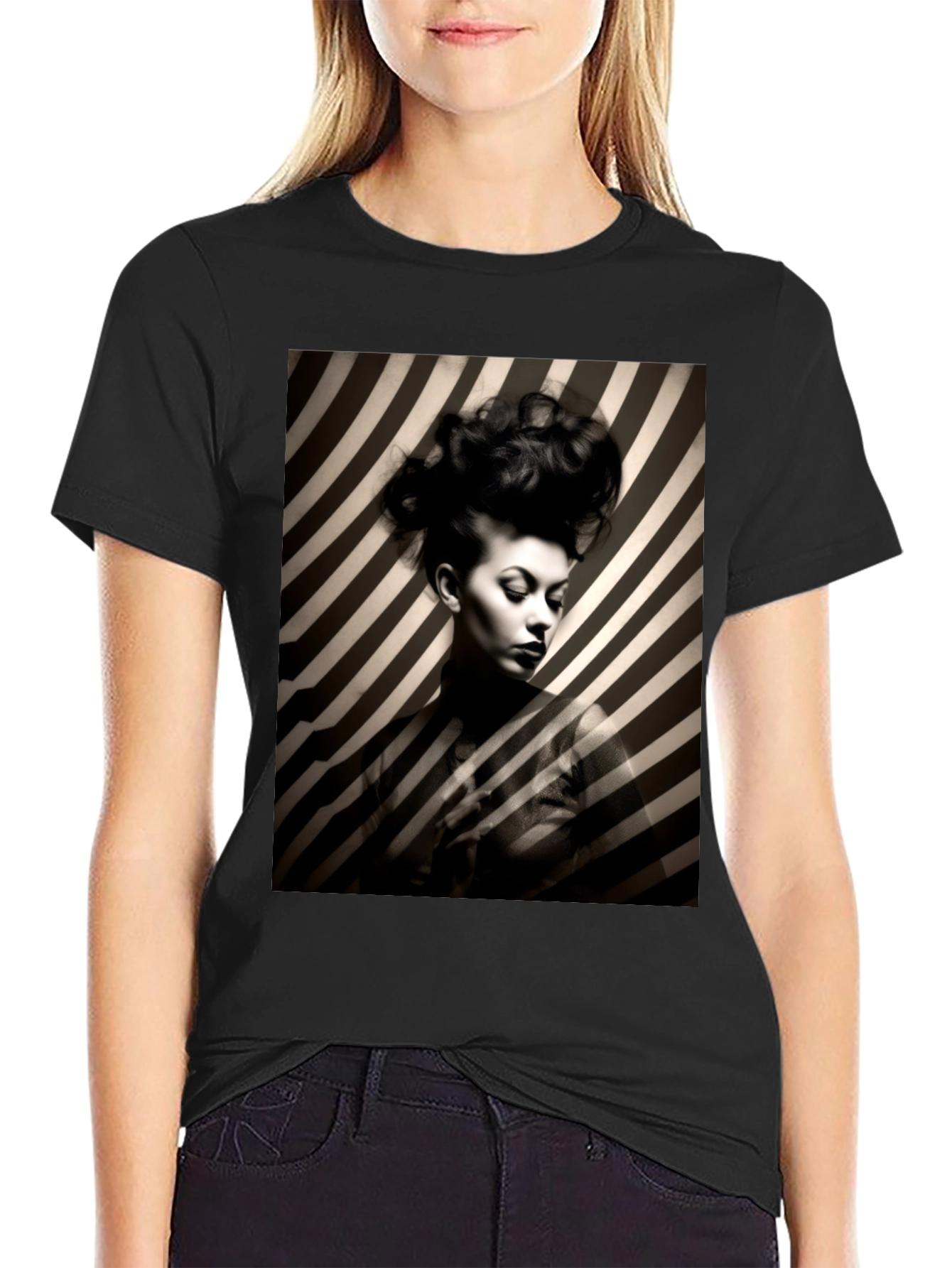 Black Striking Striped Portrait Graphic Tee - Bold Style view 2