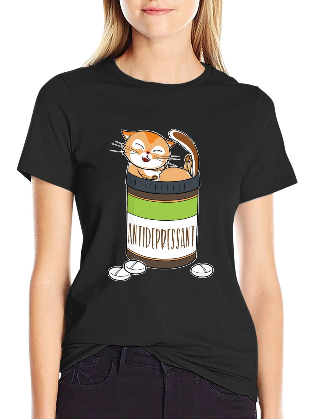 Black Funny Cat Antidepressant T-Shirt view 2