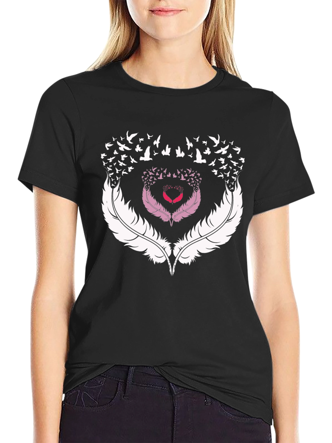 Black Feather Heart Bird T-Shirt view 2